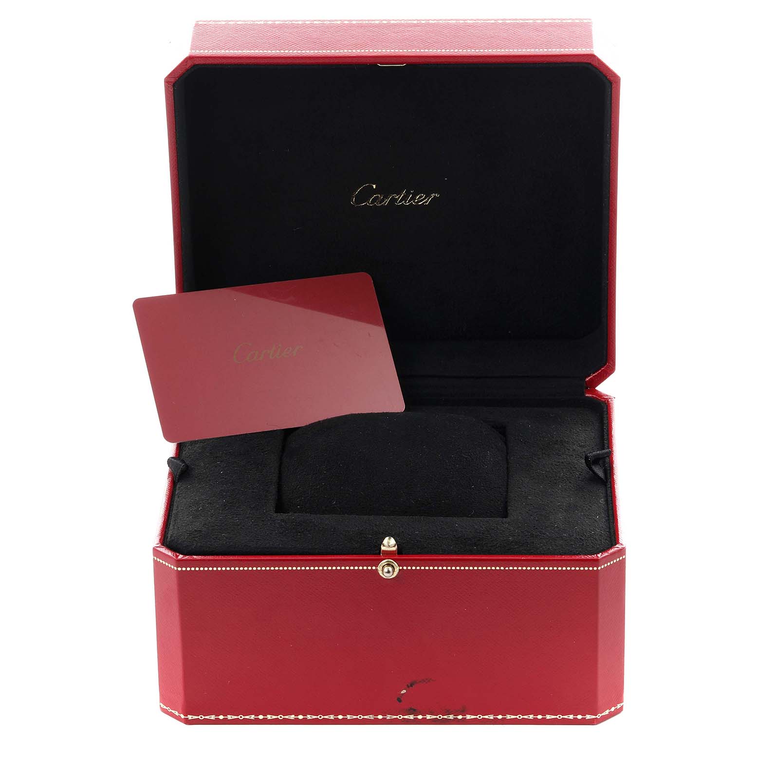 The image shows a Cartier Tank MC W5330003 Men
s Stainless Steel Silver Dial W5330003 Men
s Stainless Steel Silver Dial watch box and a card, viewed from the front with the box open.