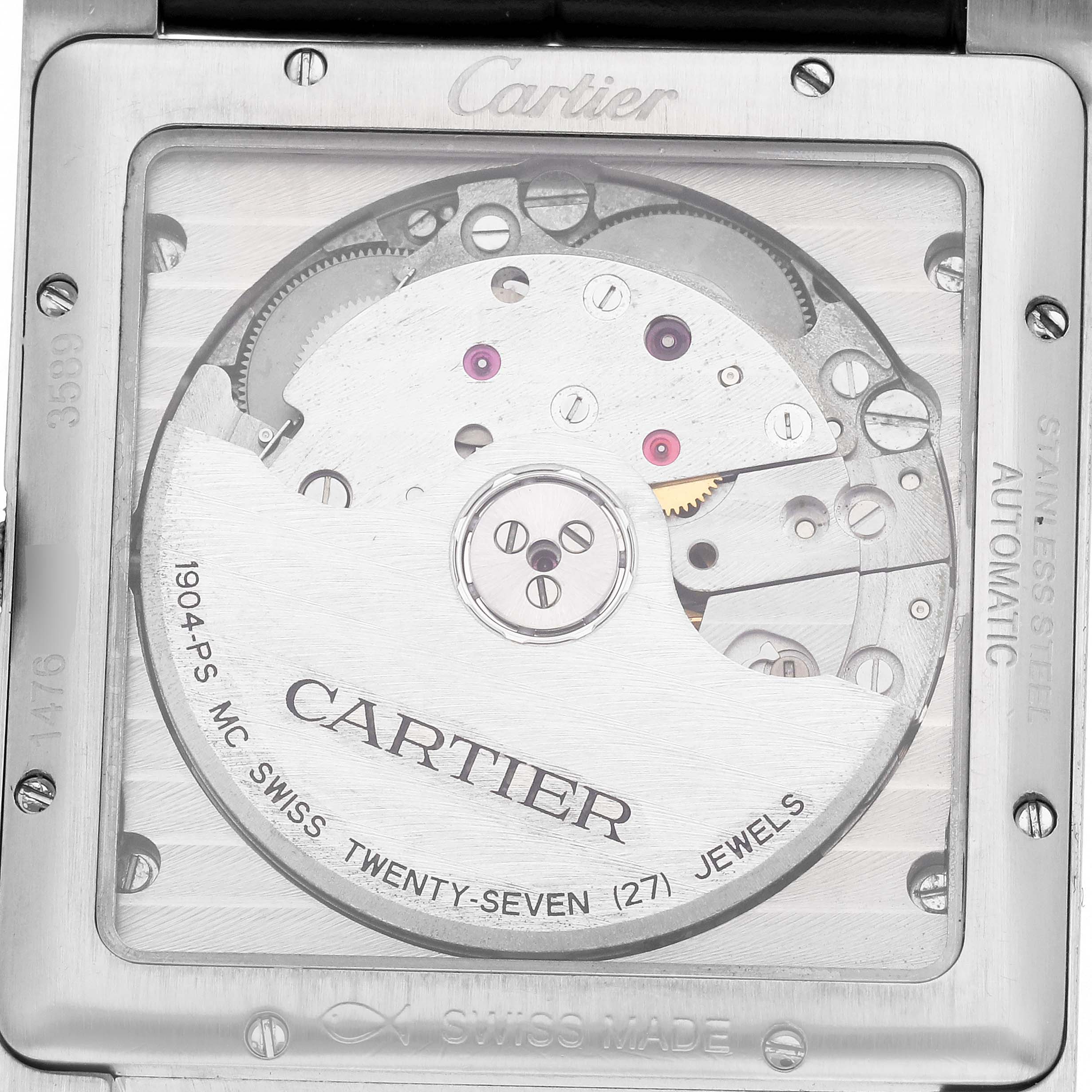The image shows the back view of the Cartier Tank MC W5330003 Men
s Stainless Steel Silver Dial W5330003 Men
s Stainless Steel Silver Dial watch, displaying its movement and internal components.
