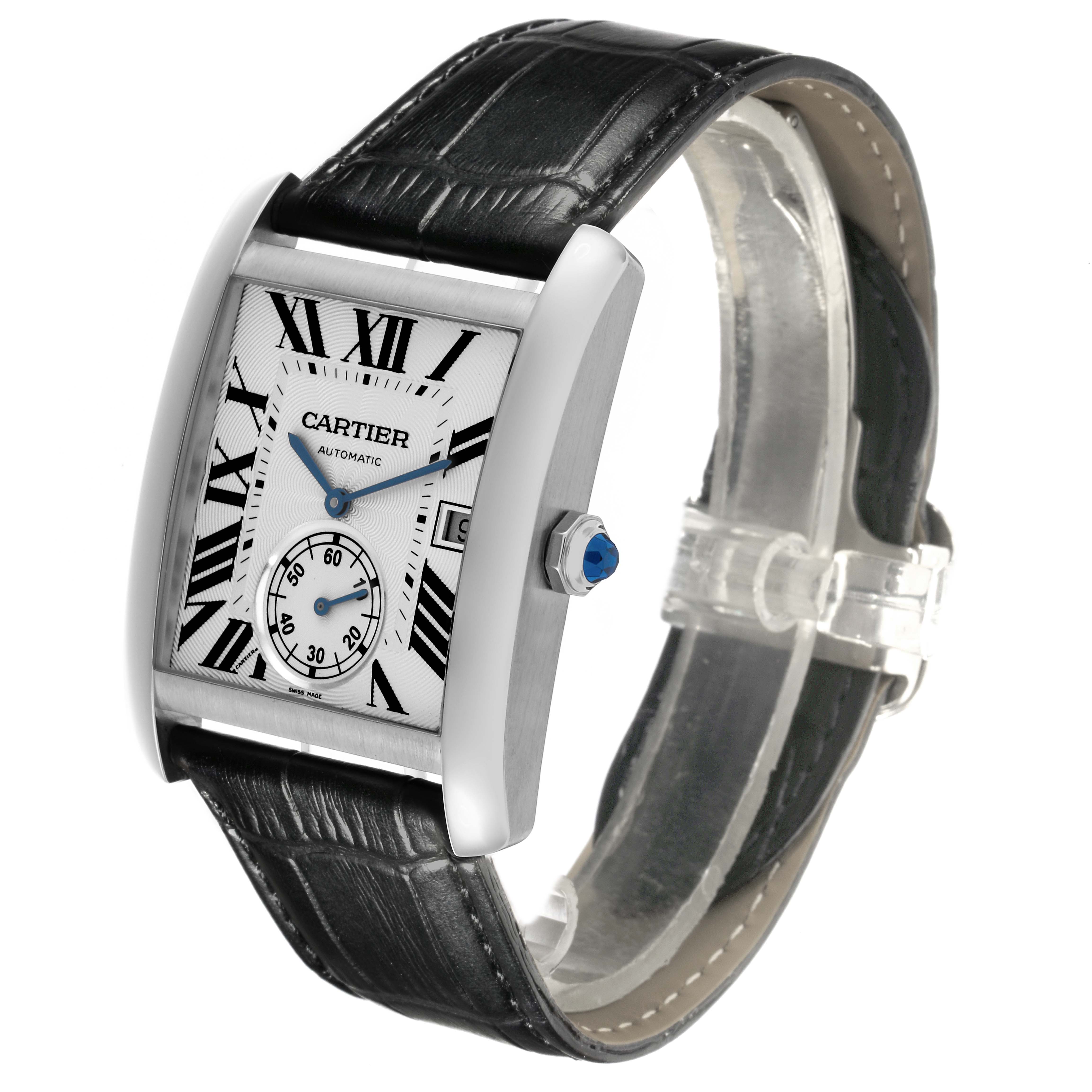 The Cartier Tank MC W5330003 Men
s Stainless Steel Silver Dial W5330003 Men
s Stainless Steel Silver Dial watch is shown at an angled view, highlighting the face, strap, and distinctive crown.