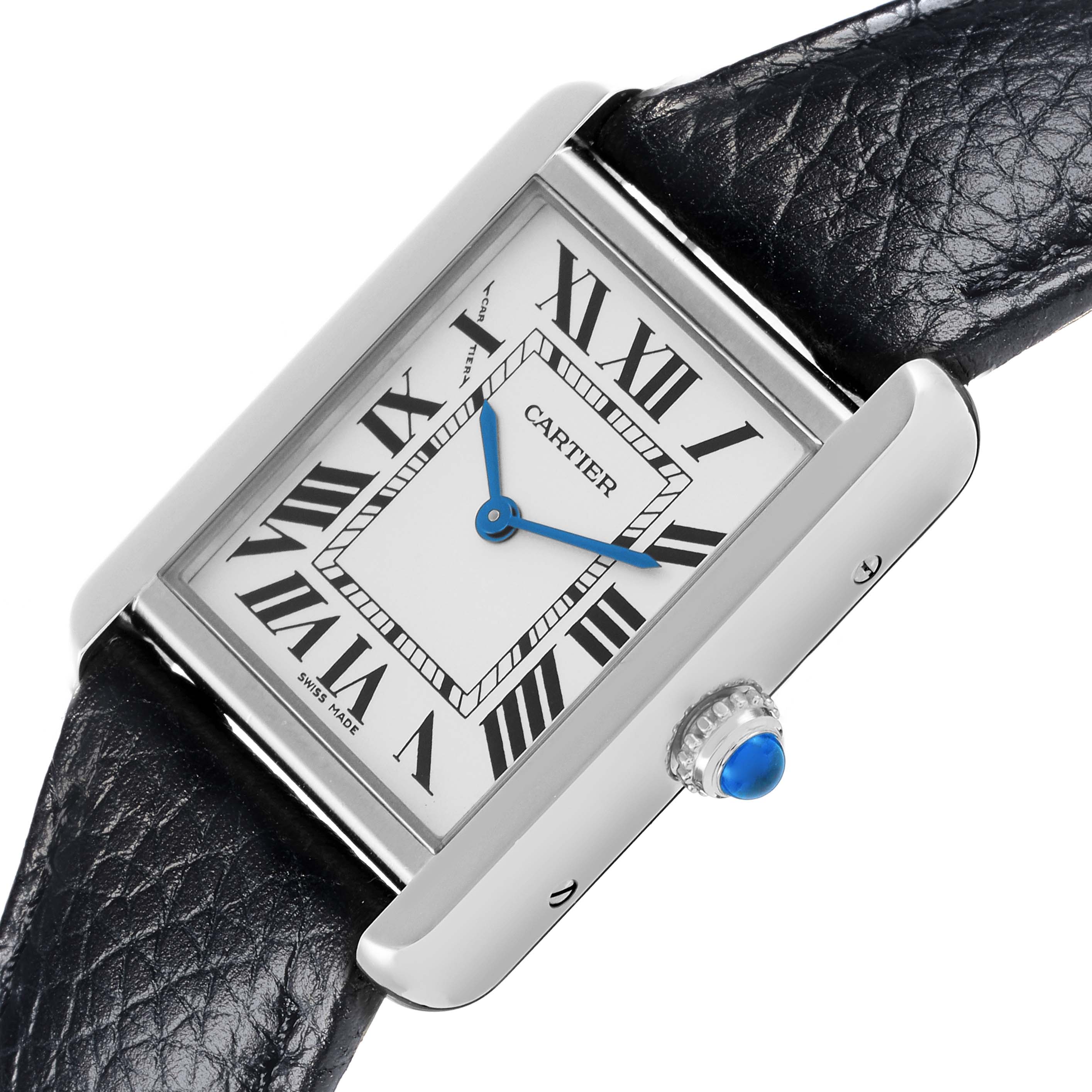 The Cartier Tank Solo W1018255 Women's Stainless Steel Silver Dial W1018255 Women's Stainless Steel Silver Dial watch is angled to show its face, Roman numerals, blue hands, and leather strap with visible crown detail.