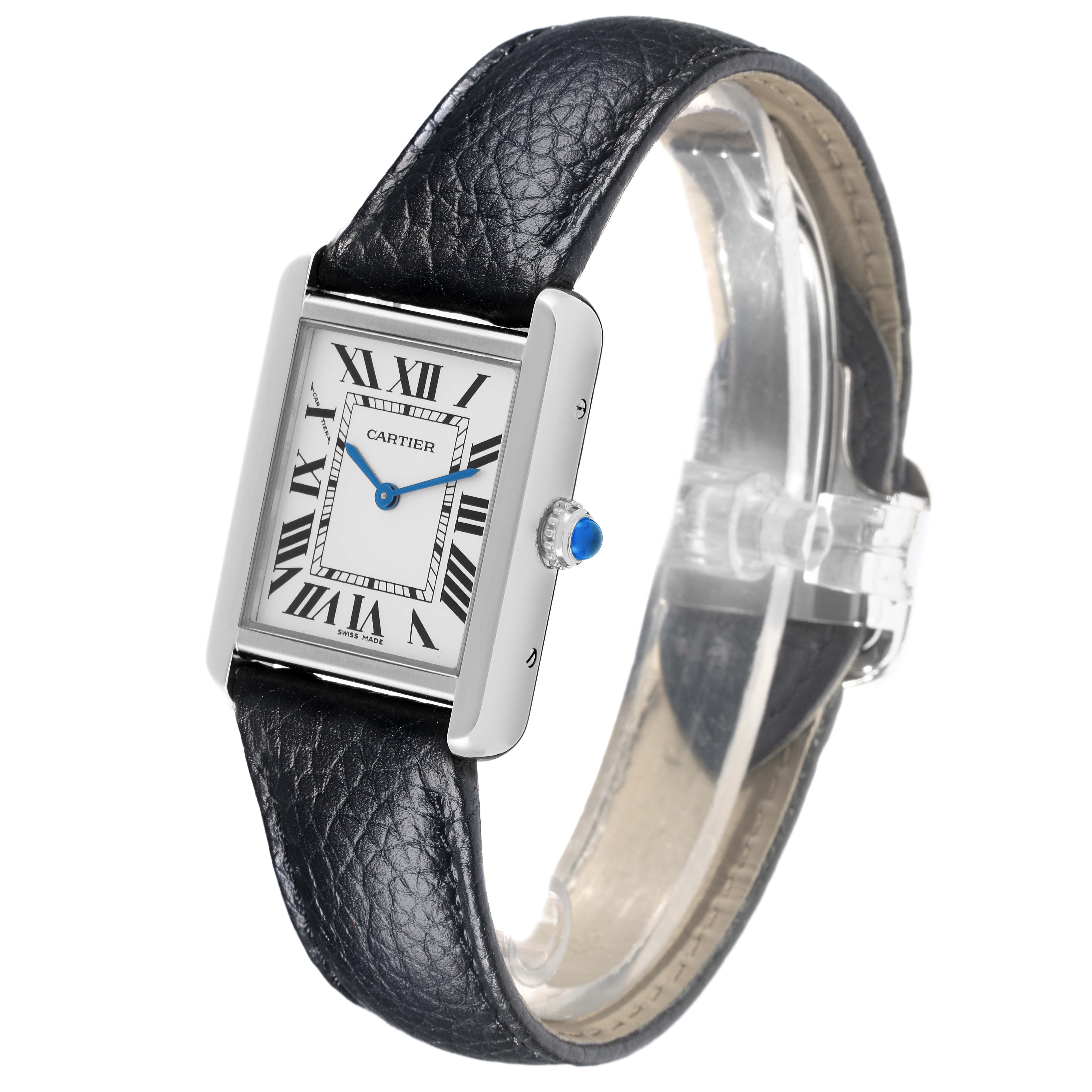 The Cartier Tank Solo W1018255 Women's Stainless Steel Silver Dial W1018255 Women's Stainless Steel Silver Dial watch is shown at an angled side view, displaying its face, bezel, crown, and leather strap.