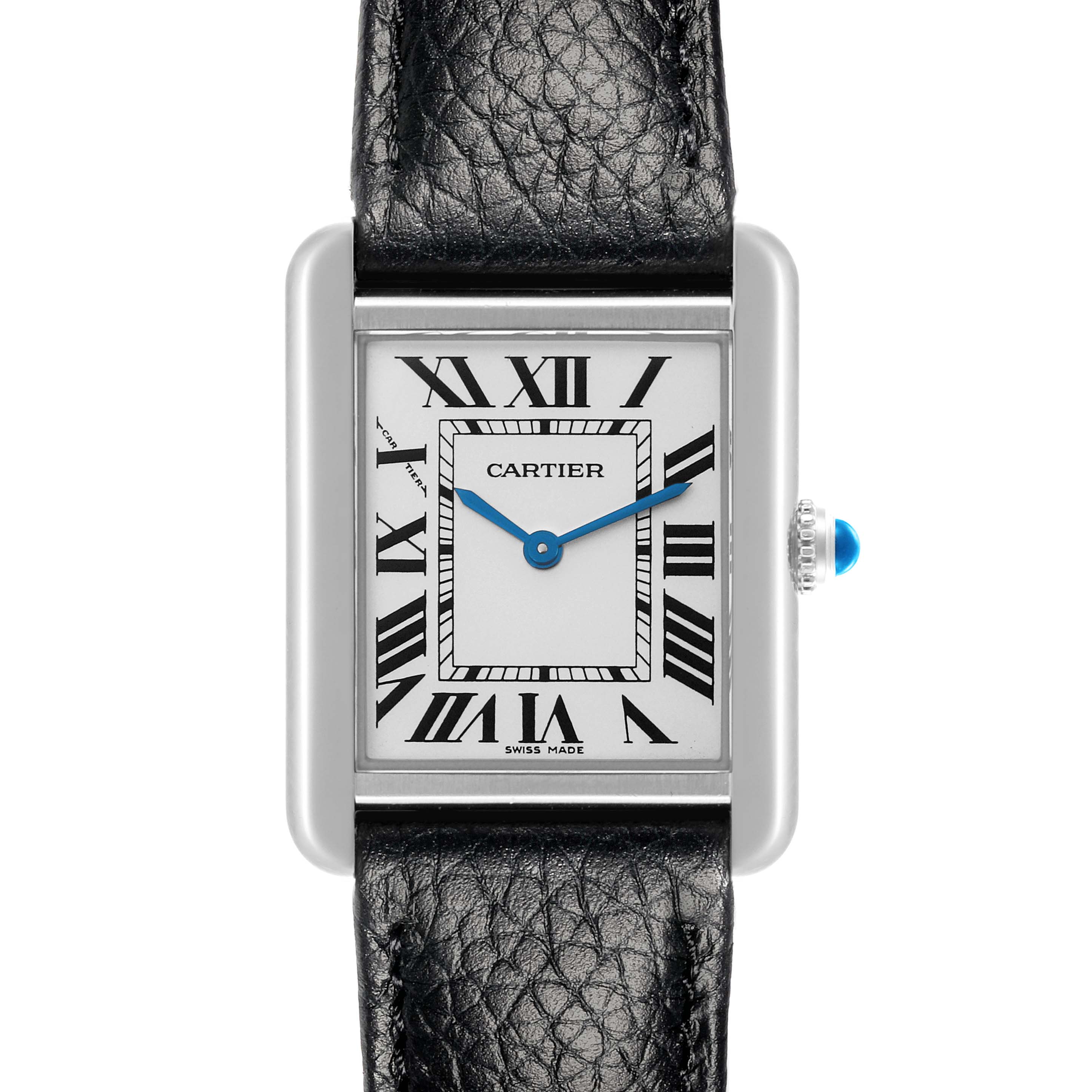 The Cartier Tank Solo W1018255 Women's Stainless Steel Silver Dial W1018255 Women's Stainless Steel Silver Dial watch is shown from a front angle, highlighting its rectangular face, Roman numerals, and leather strap.
