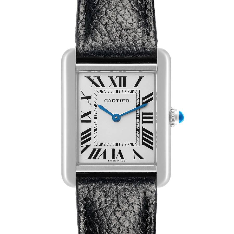 The Cartier Tank Solo watch is shown from a front angle, highlighting its rectangular face, Roman numerals, and leather strap.