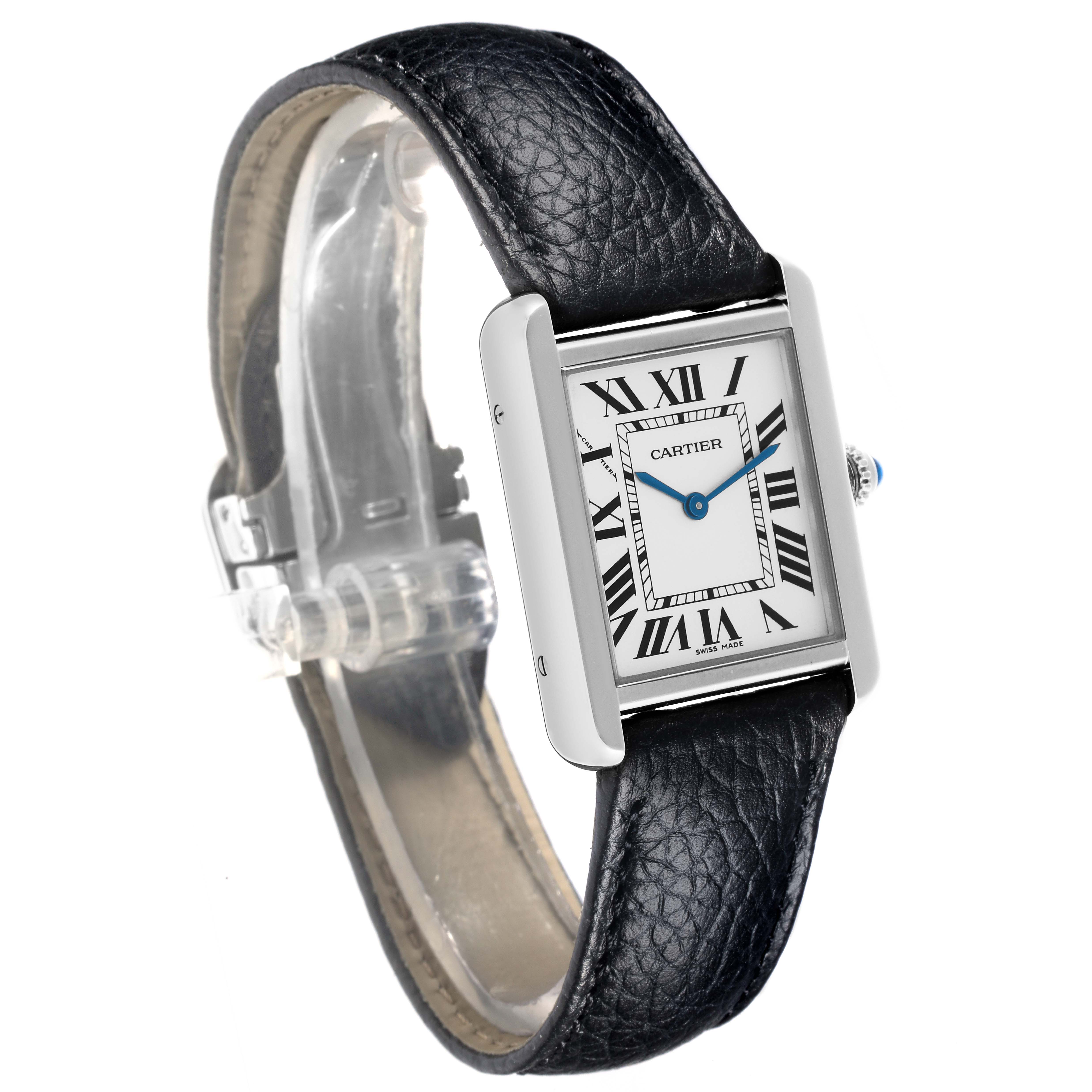 The image shows a Cartier Tank Solo W1018255 Women's Stainless Steel Silver Dial W1018255 Women's Stainless Steel Silver Dial watch from a front-right angle, highlighting its rectangular face and black leather strap.