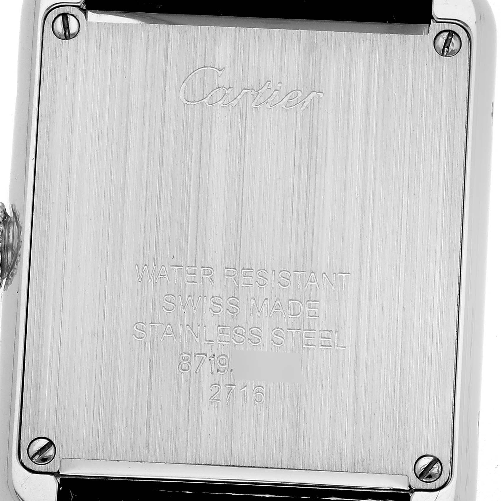 The image shows the back of a Cartier Tank Solo W1018255 Women's Stainless Steel Silver Dial W1018255 Women's Stainless Steel Silver Dial watch, highlighting the engraved details and screws.