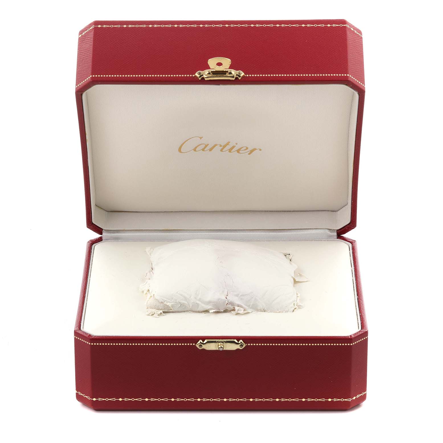 The image shows an open red Cartier watch box for a Tank Solo model, featuring the cushion inside.
