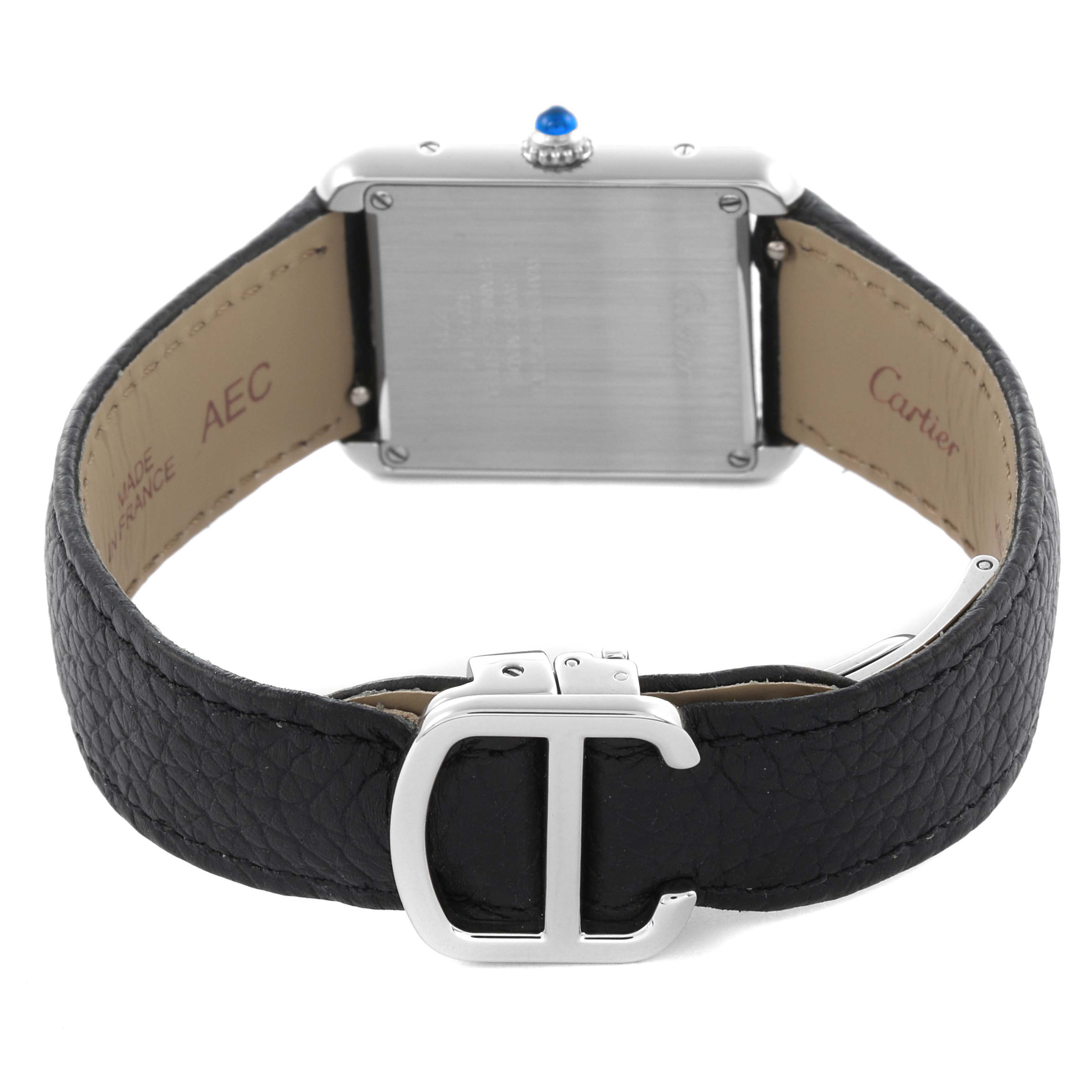 The image shows the back view of a Cartier Tank Solo W1018255 Women's Stainless Steel Silver Dial W1018255 Women's Stainless Steel Silver Dial watch, highlighting the leather strap and clasp.