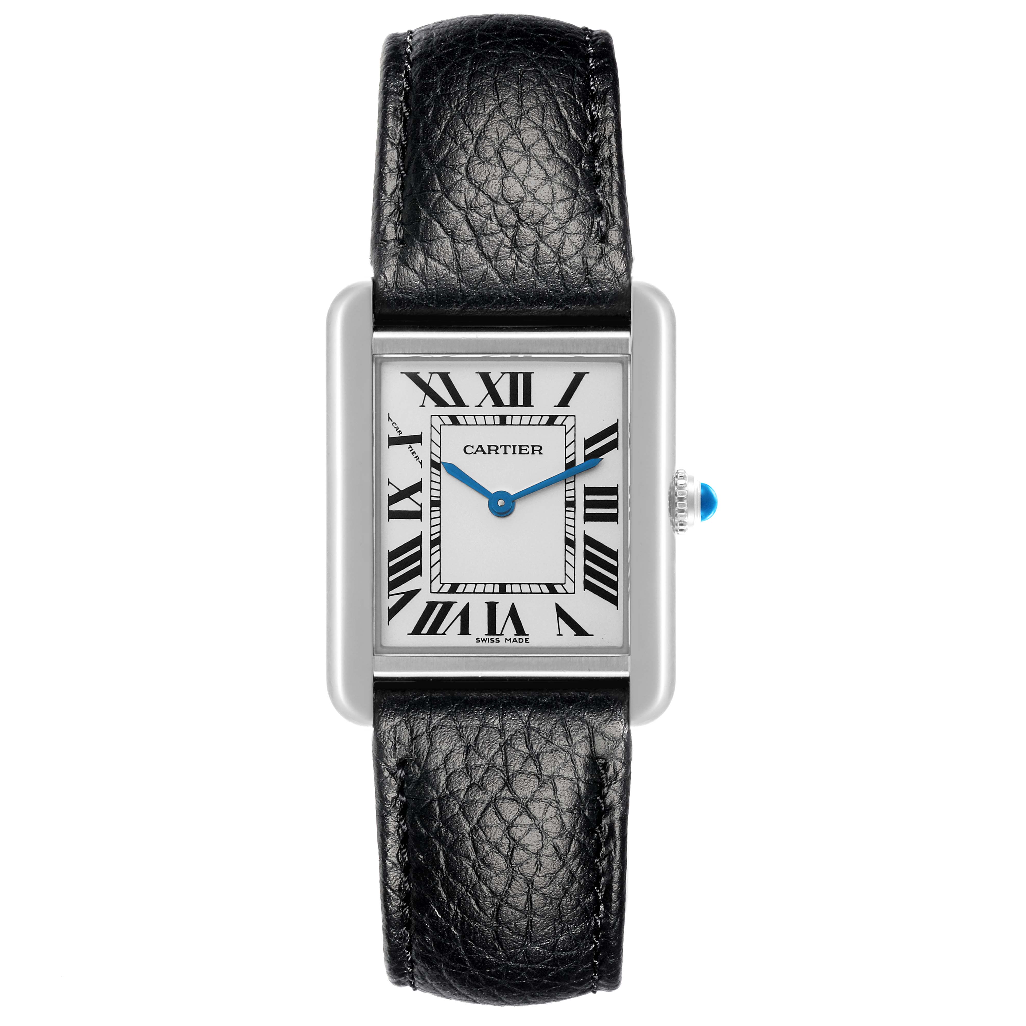 The Cartier Tank Solo W1018255 Women's Stainless Steel Silver Dial W1018255 Women's Stainless Steel Silver Dial watch is shown from the front, displaying its rectangular case, Roman numerals, and leather strap.