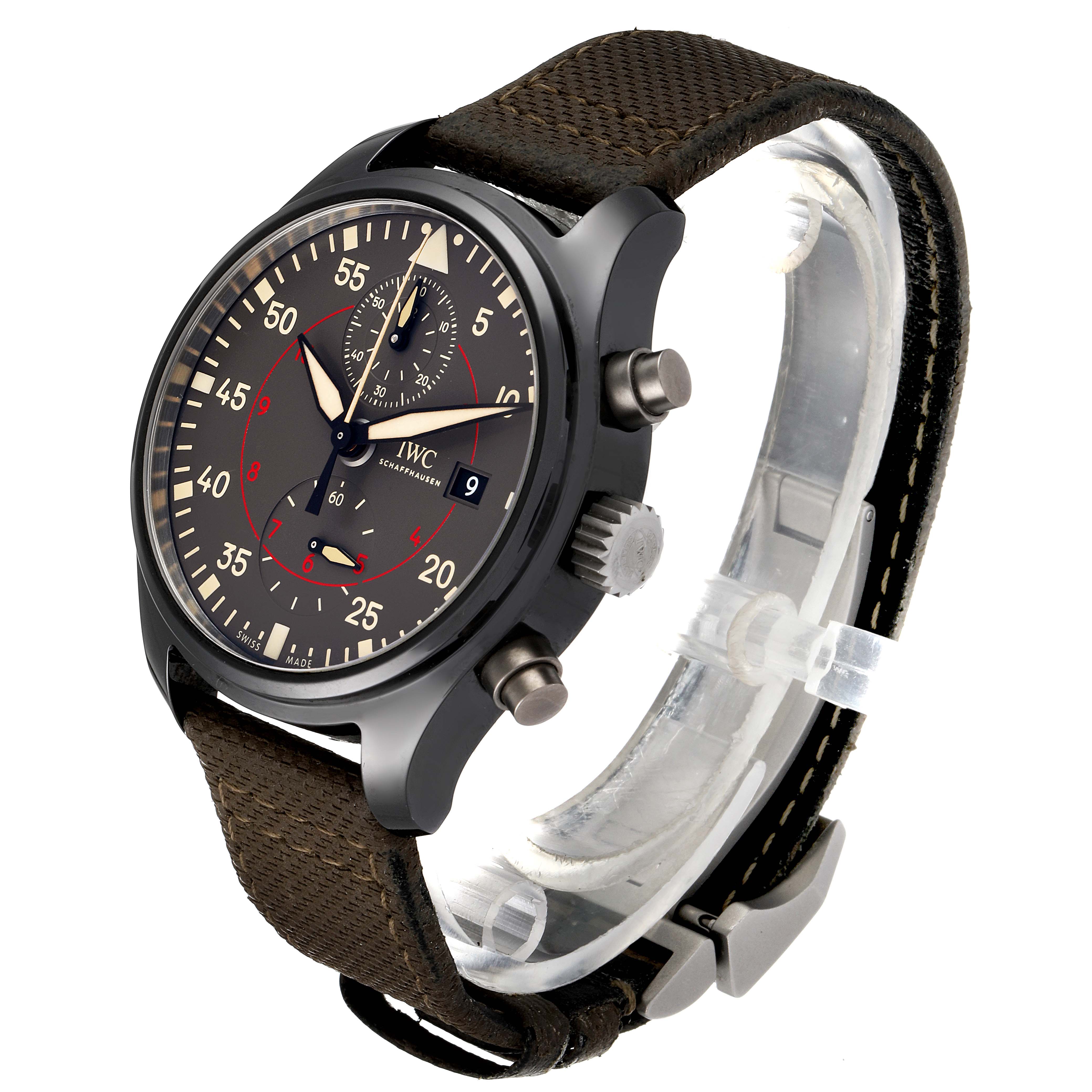 The IWC Pilot IW389002 Men's Titanium Black Dial IW389002 Men's Titanium Black Dial watch is shown from an angled front view, highlighting its face, case, crown, pushers, and brown strap.