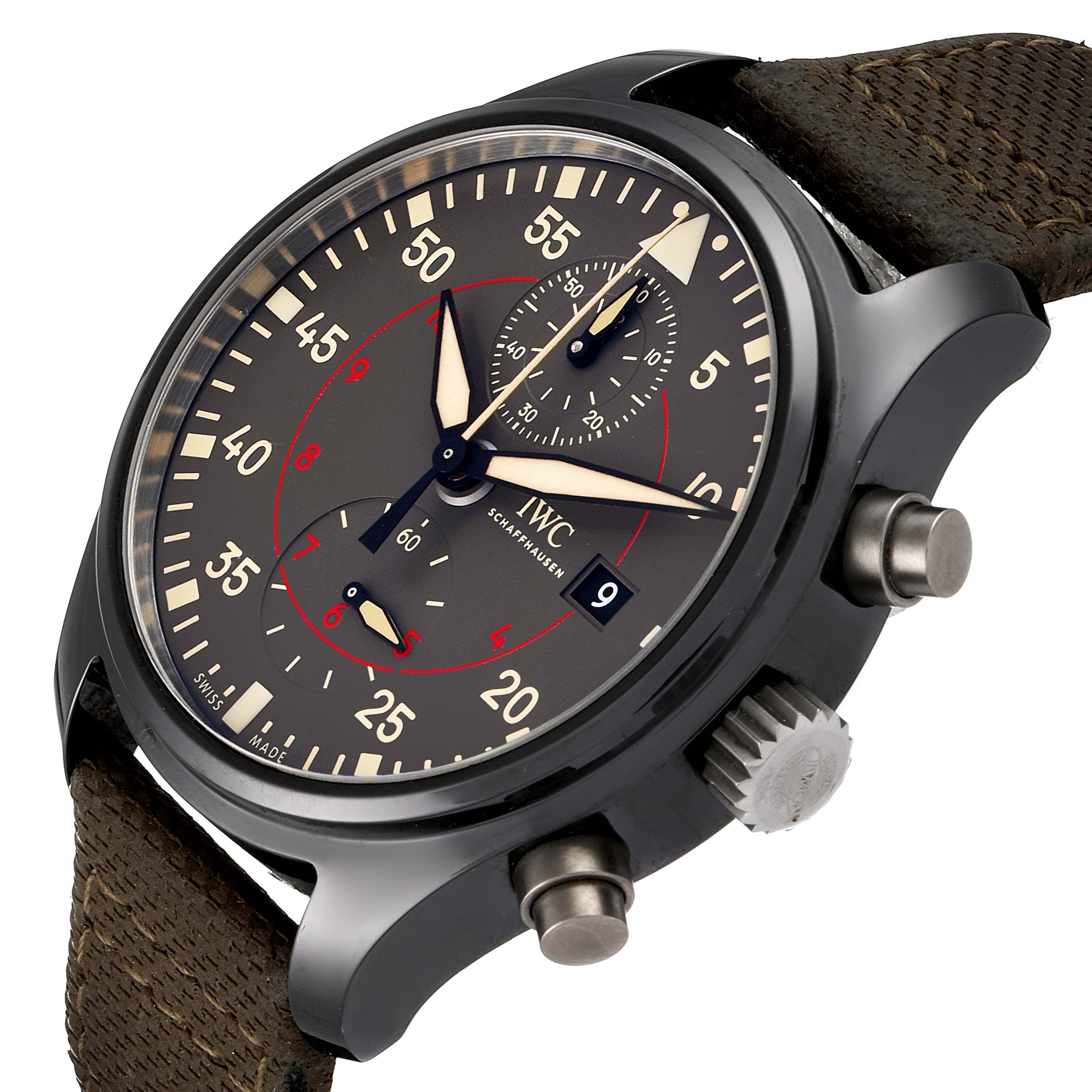 This IWC Pilot IW389002 Men's Titanium Black Dial IW389002 Men's Titanium Black Dial model watch is shown from an angled view, highlighting the dial, crown, pushers, and strap.