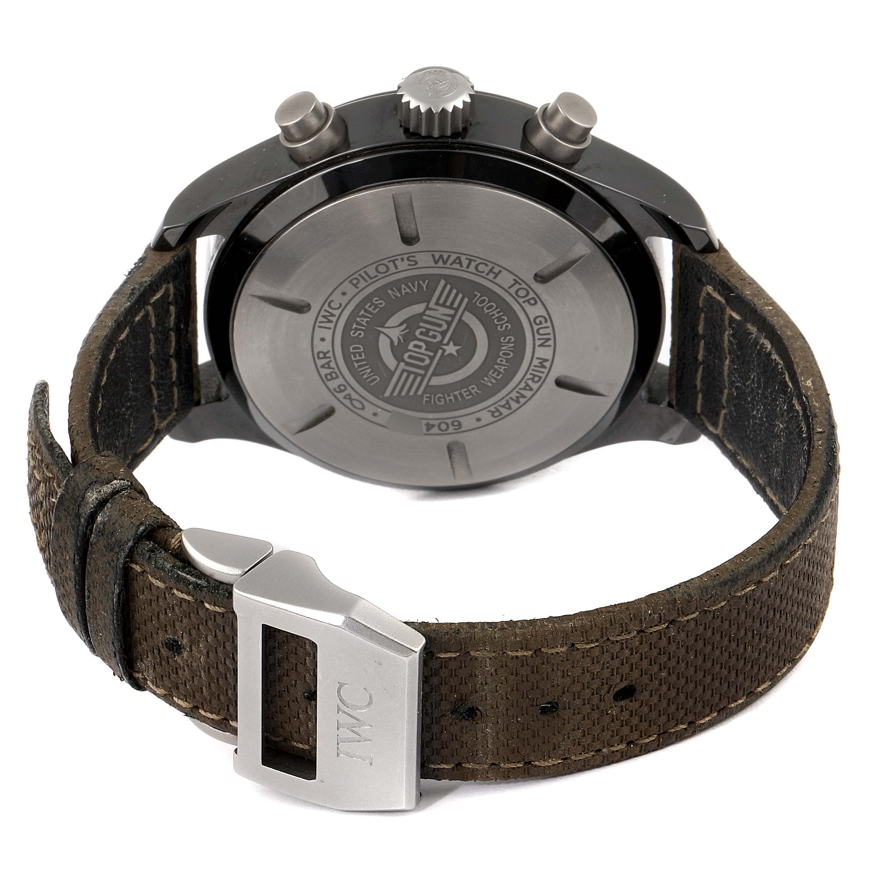The image shows the back view of an IWC Pilot IW389002 Men's Titanium Black Dial IW389002 Men's Titanium Black Dial model watch, featuring the case back, crown, pushers, and leather strap with an IWC buckle.