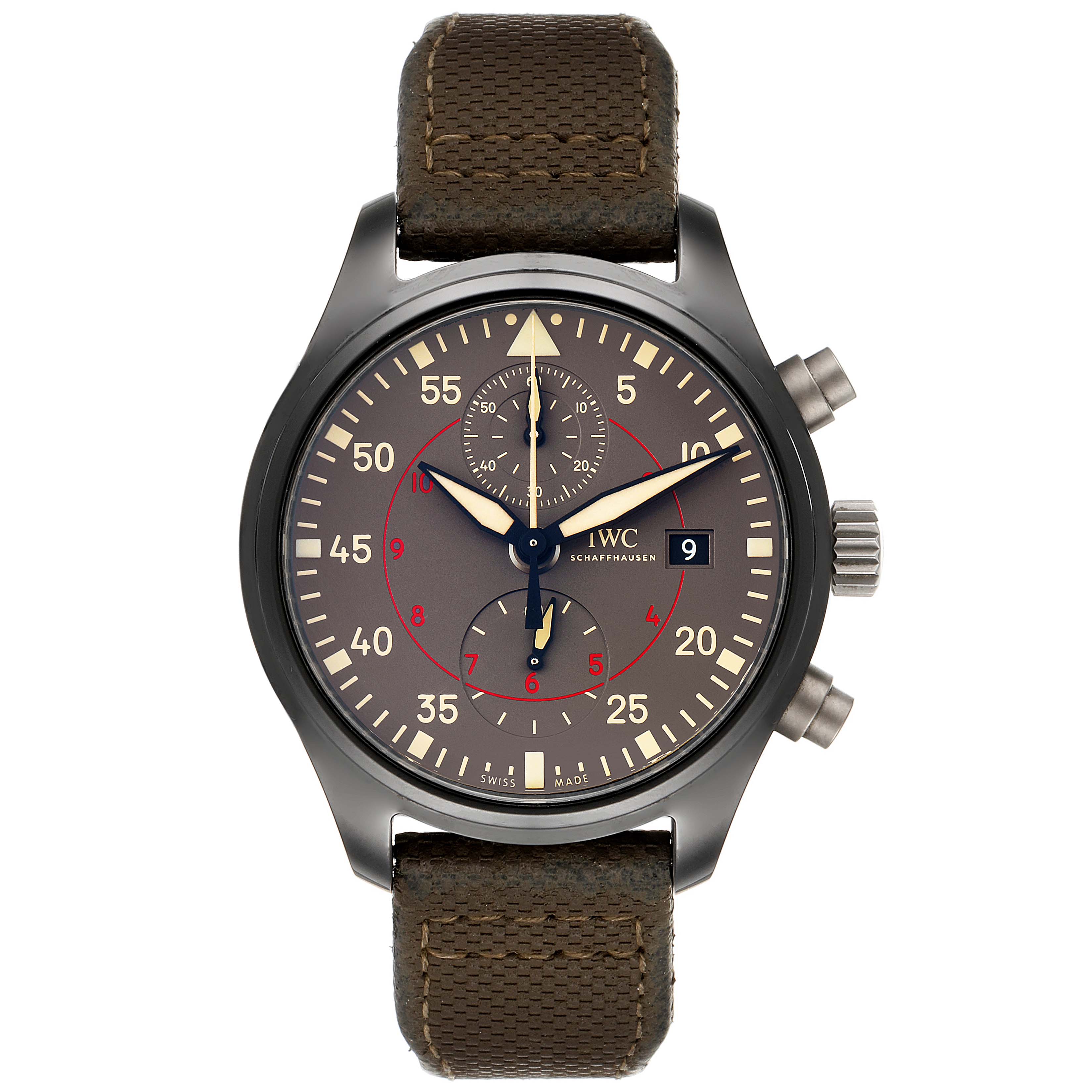 The image shows a front view of an IWC Pilot IW389002 Men's Titanium Black Dial IW389002 Men's Titanium Black Dial model watch with a brown strap, displaying its dial, hands, and date window.