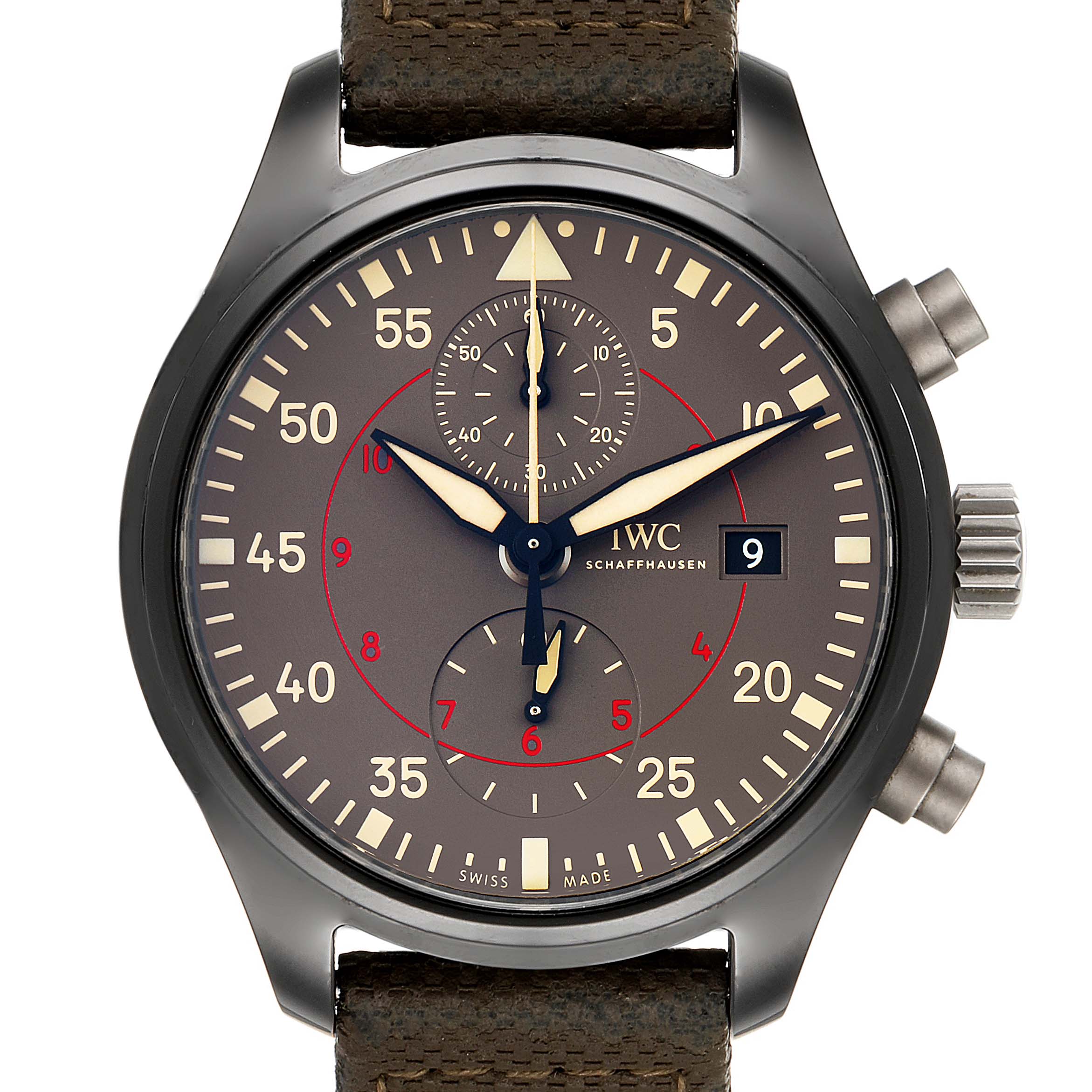 The IWC Pilot IW389002 Men's Titanium Black Dial IW389002 Men's Titanium Black Dial model watch is shown from a front angle, displaying the dial, hands, subdials, and crown.
