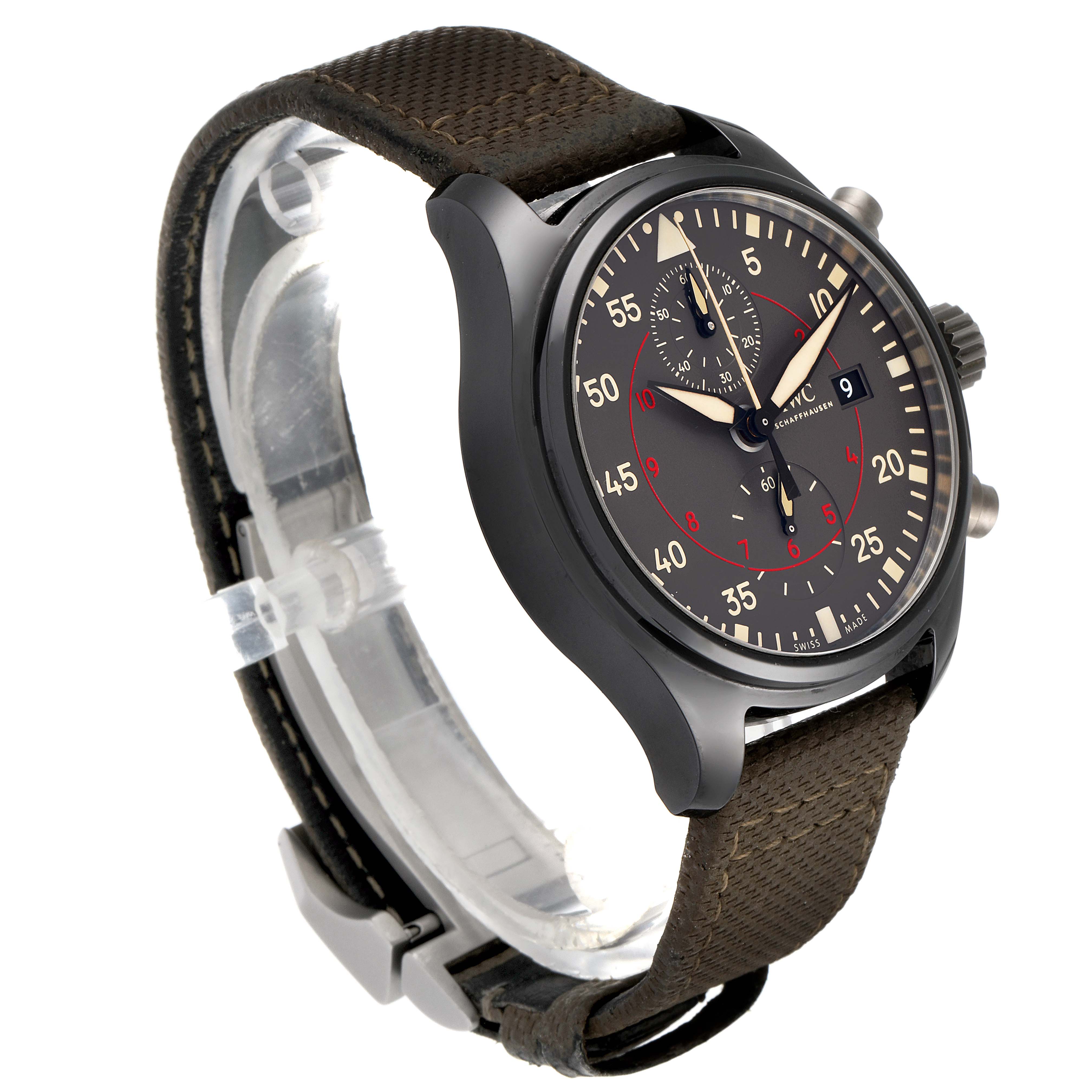 The IWC Pilot IW389002 Men's Titanium Black Dial IW389002 Men's Titanium Black Dial model watch is shown at a three-quarter angle, highlighting the face, chronograph dials, crown, and strap.