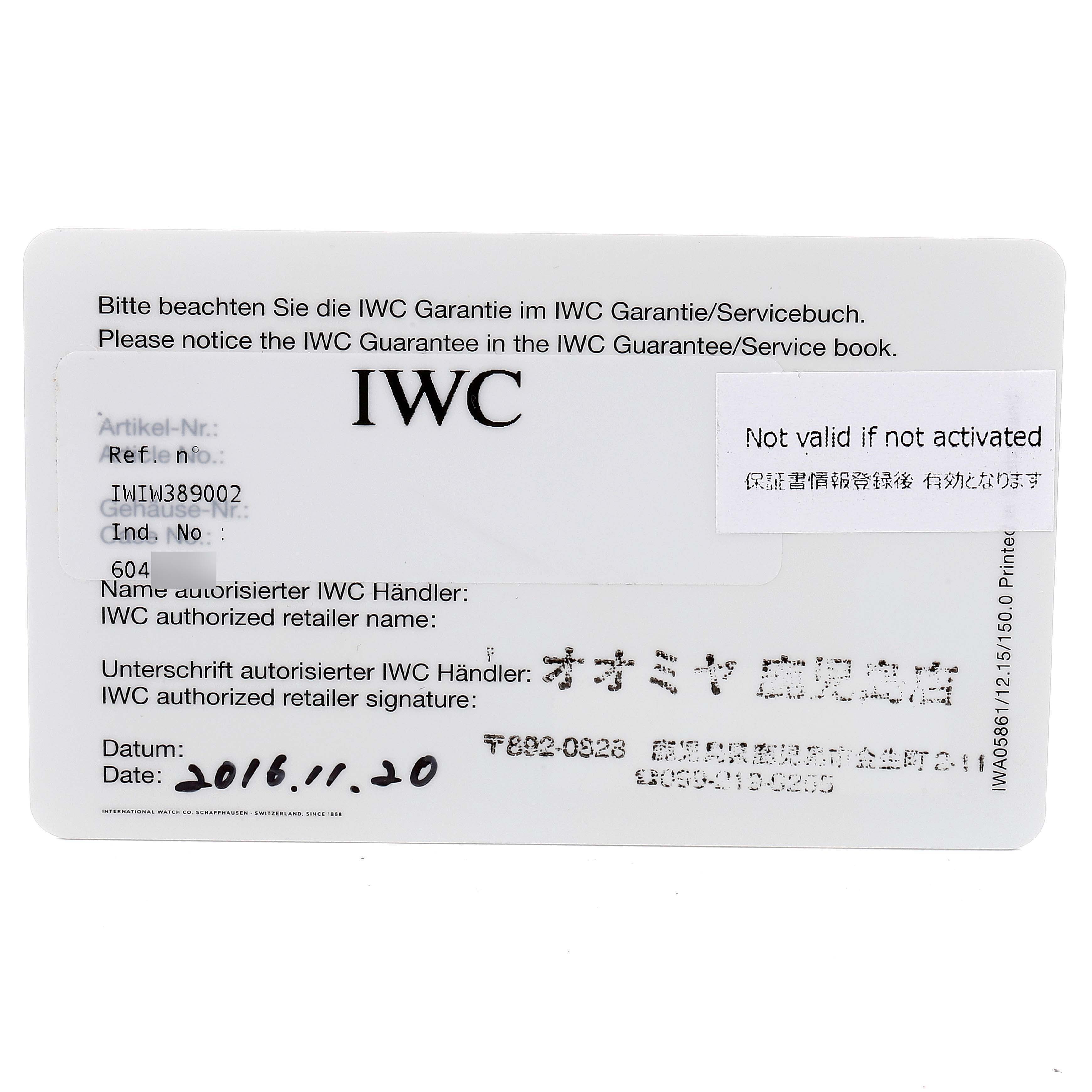 The image shows the warranty card for the IWC Pilot IW389002 Men's Titanium Black Dial IW389002 Men's Titanium Black Dial model watch, displaying details like the article number, reference number, and retailer information.