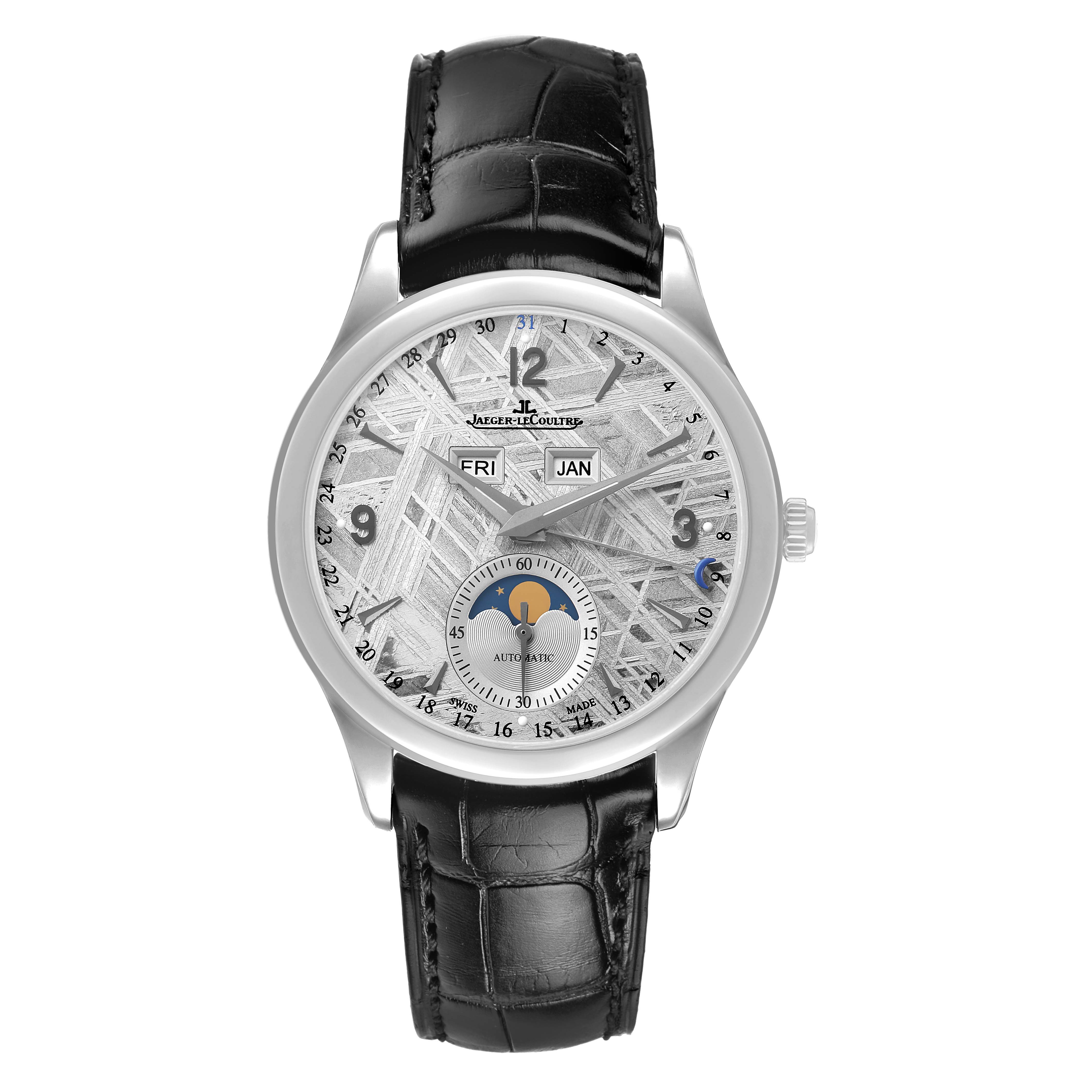 The Jaeger LeCoultre Master Q1558421 / 176.8.12.S Men's Stainless Steel Silver Dial watch is shown from the front, displaying the dial, date, moon phase, and leather strap.