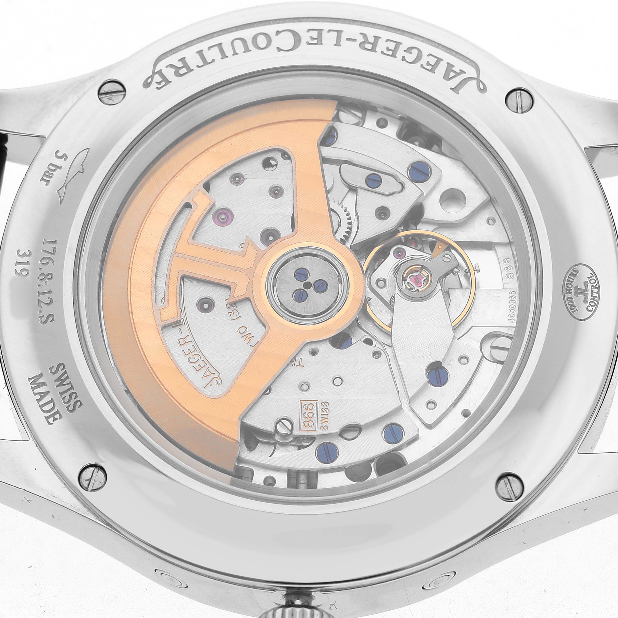 The image shows the back of a Jaeger LeCoultre Master Q1558421 / 176.8.12.S Men's Stainless Steel Silver Dial watch, highlighting the movement and rotor.