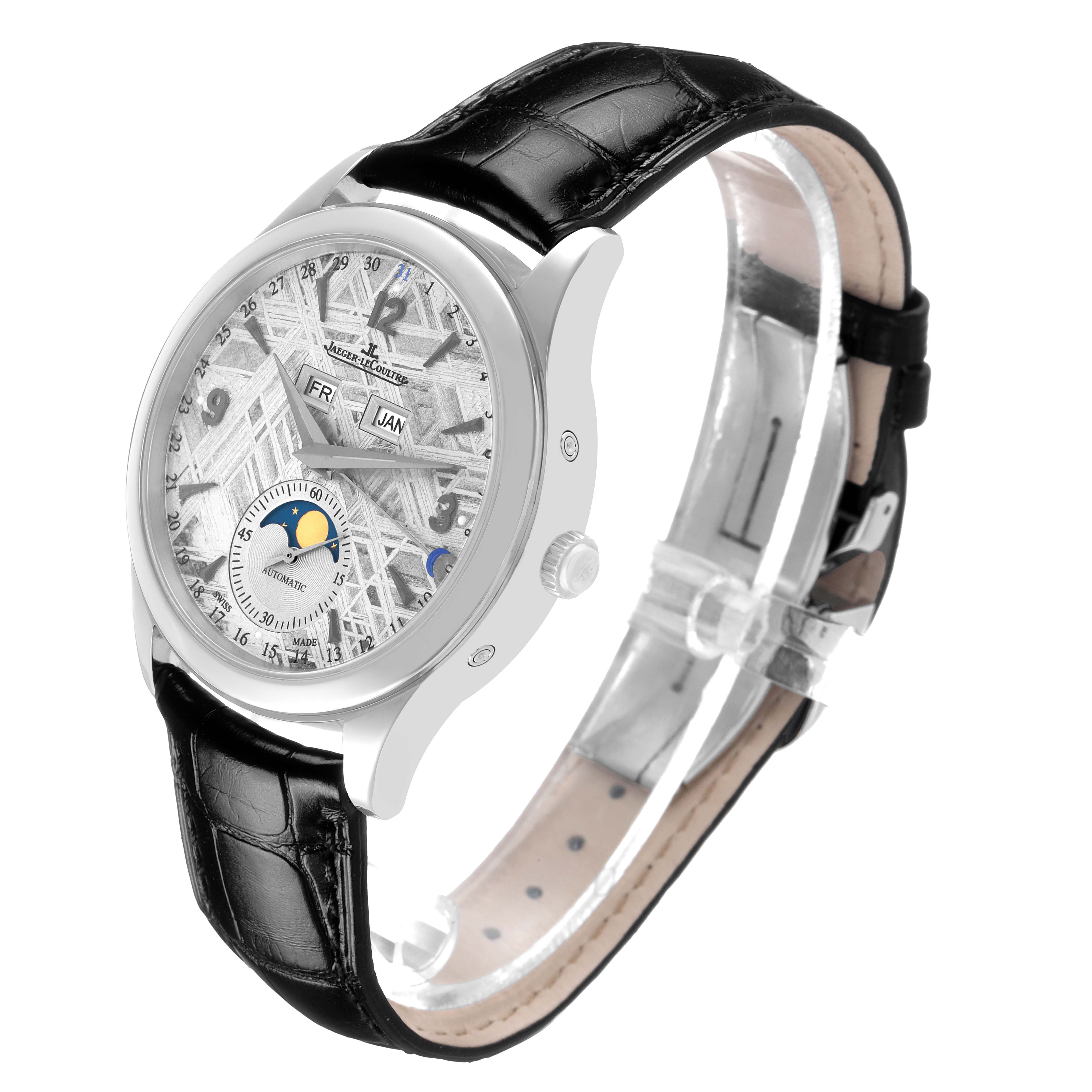 The Jaeger LeCoultre Master Q1558421 / 176.8.12.S Men's Stainless Steel Silver Dial watch is shown at a 3/4 angle, displaying the dial, case, and leather strap.