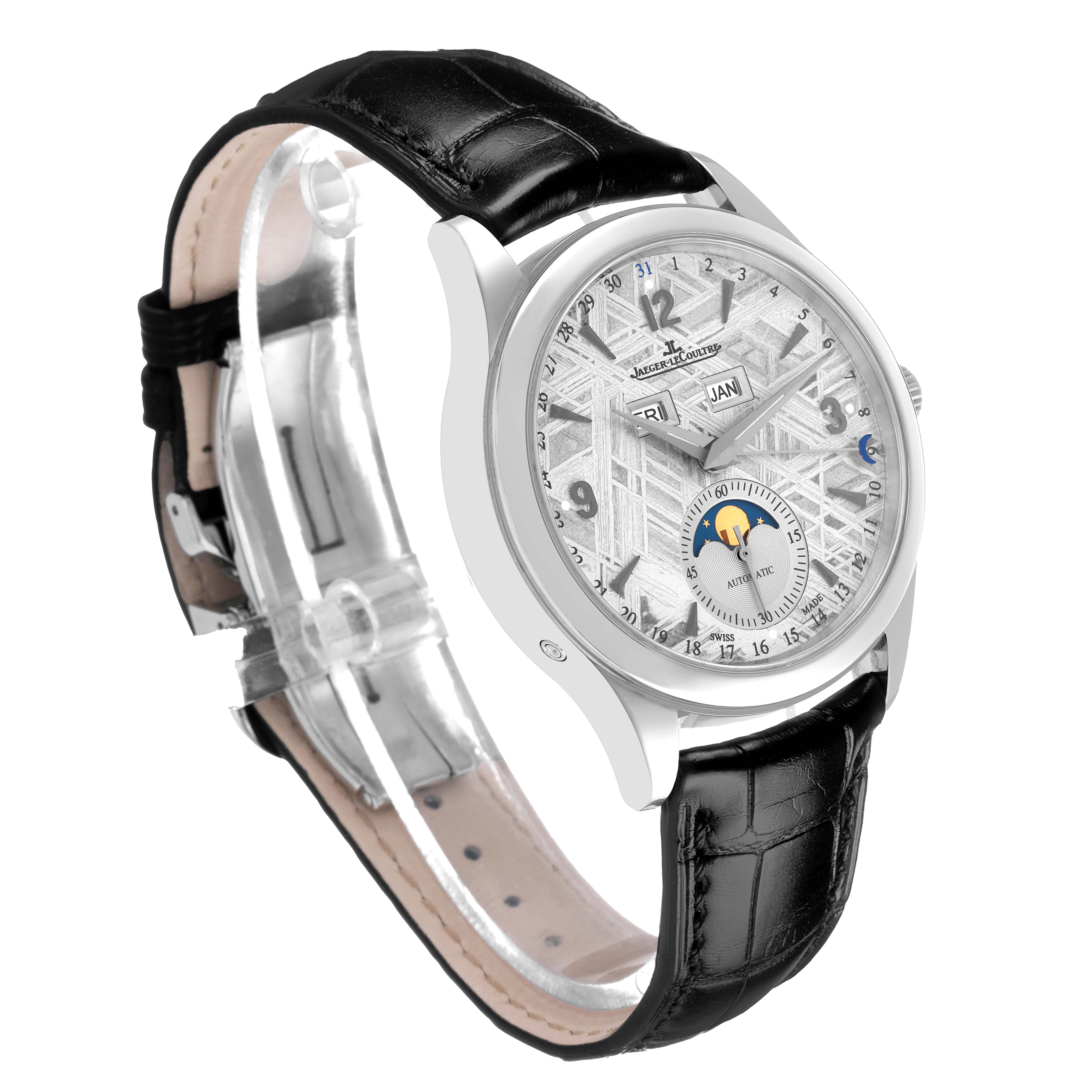 The Jaeger-LeCoultre Master model is shown at a slight angle displaying the dial, strap, case, and clasp.