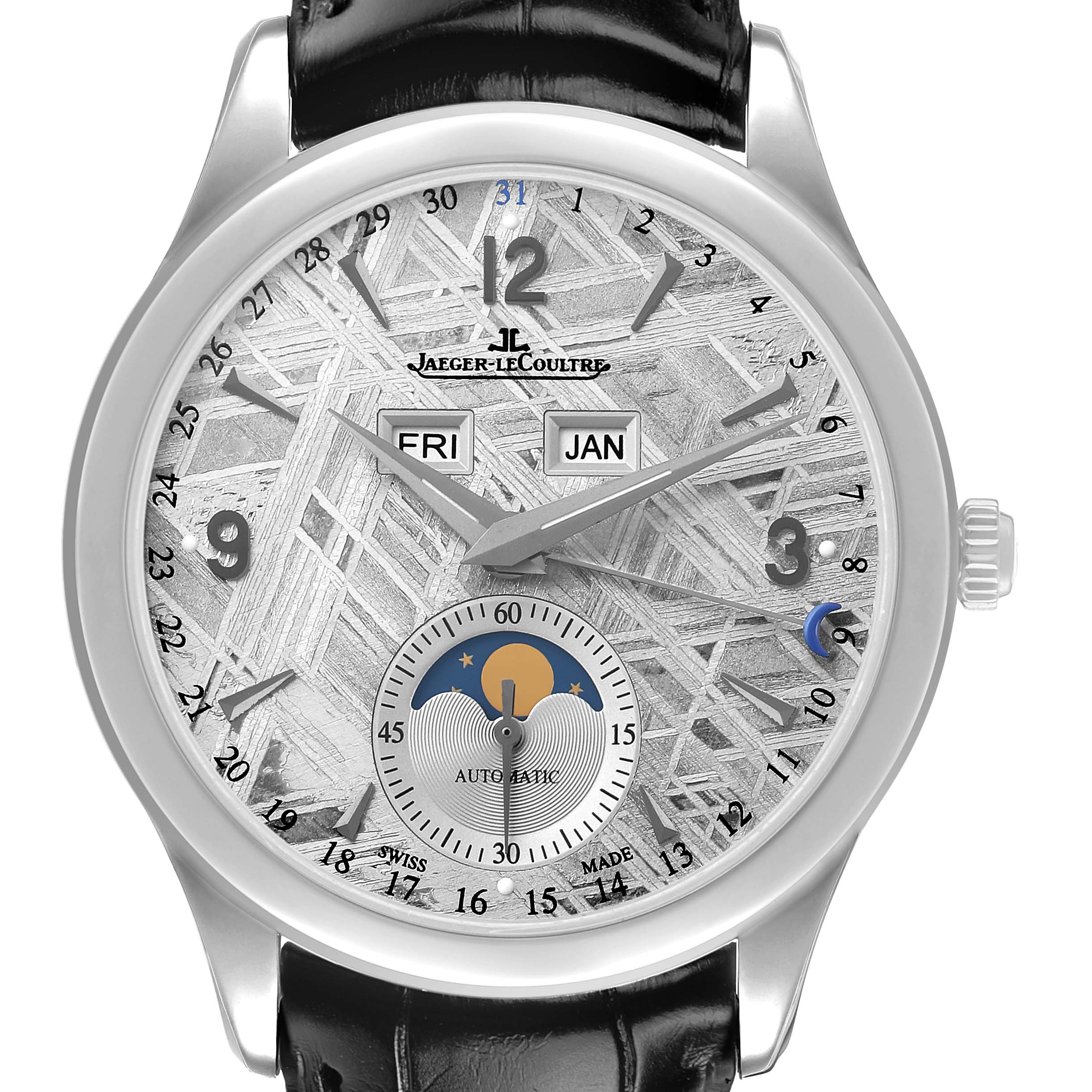 The Jaeger-LeCoultre Master watch is shown from the front displaying the dial with day, date, month, moon phase, and time.