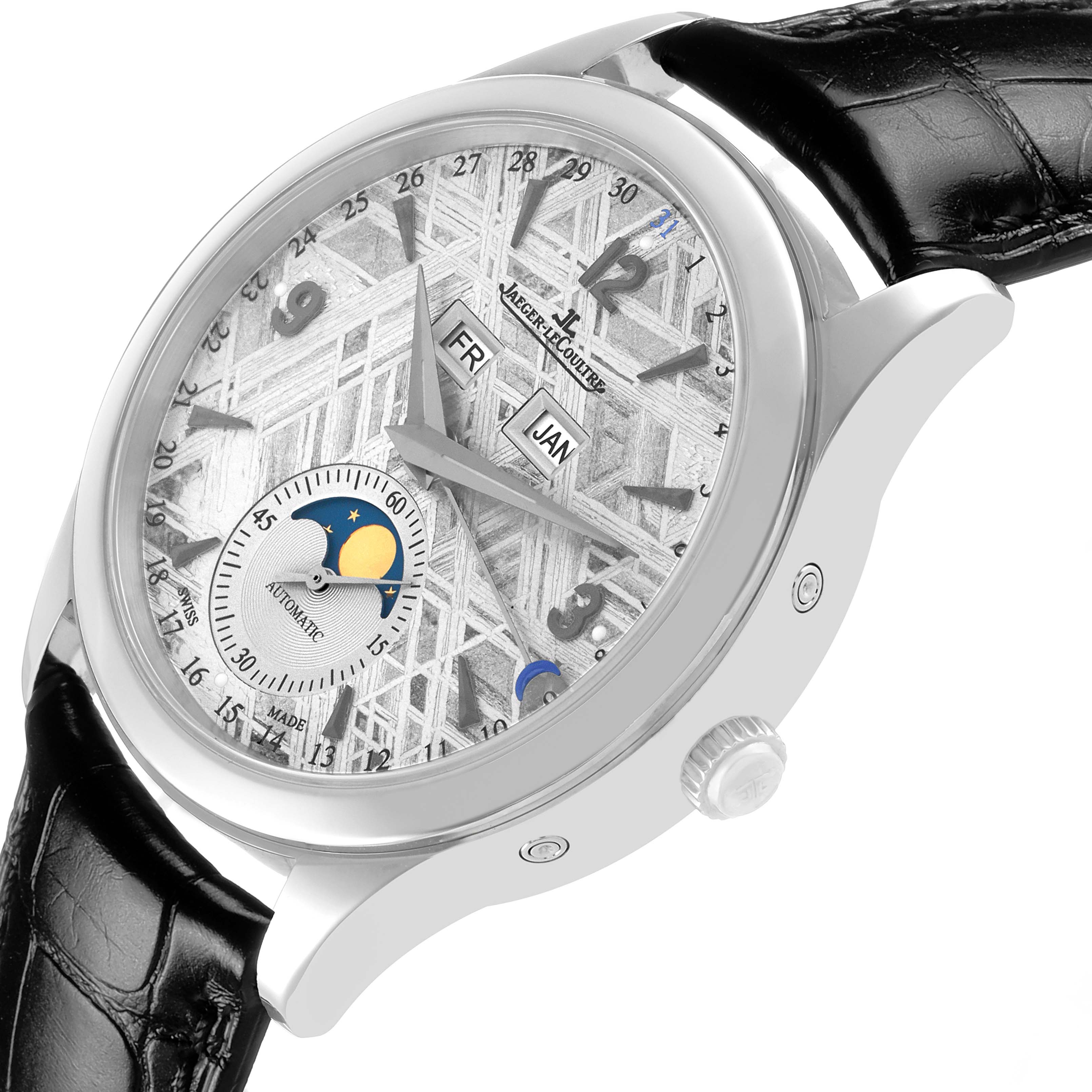 The Jaeger LeCoultre Master Q1558421 / 176.8.12.S Men's Stainless Steel Silver Dial watch is shown at a slight side angle, displaying its dial, crown, and leather strap.