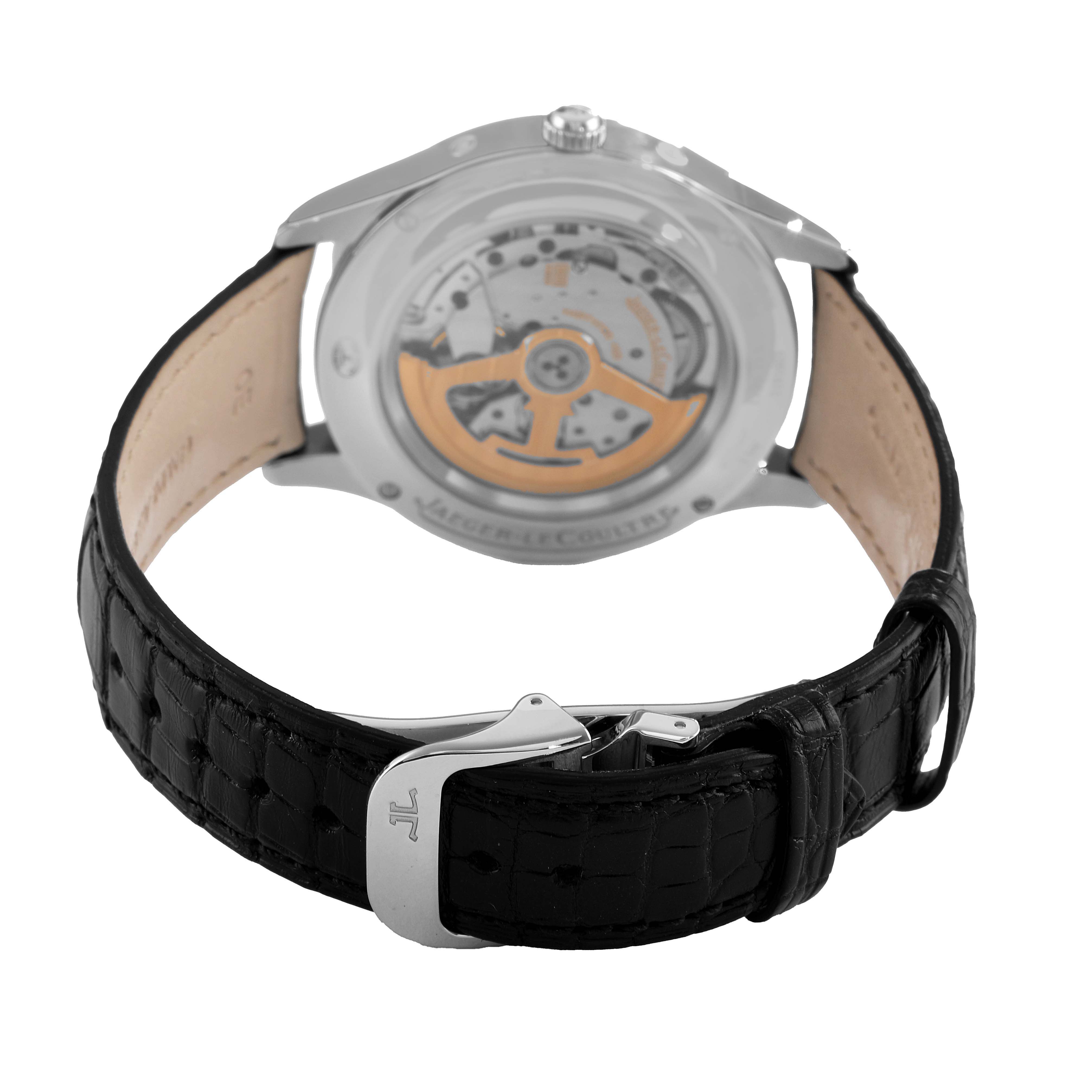 The Jaeger LeCoultre Master Q1558421 / 176.8.12.S Men's Stainless Steel Silver Dial watch is shown from the rear, highlighting the movement and the leather strap with a clasp.