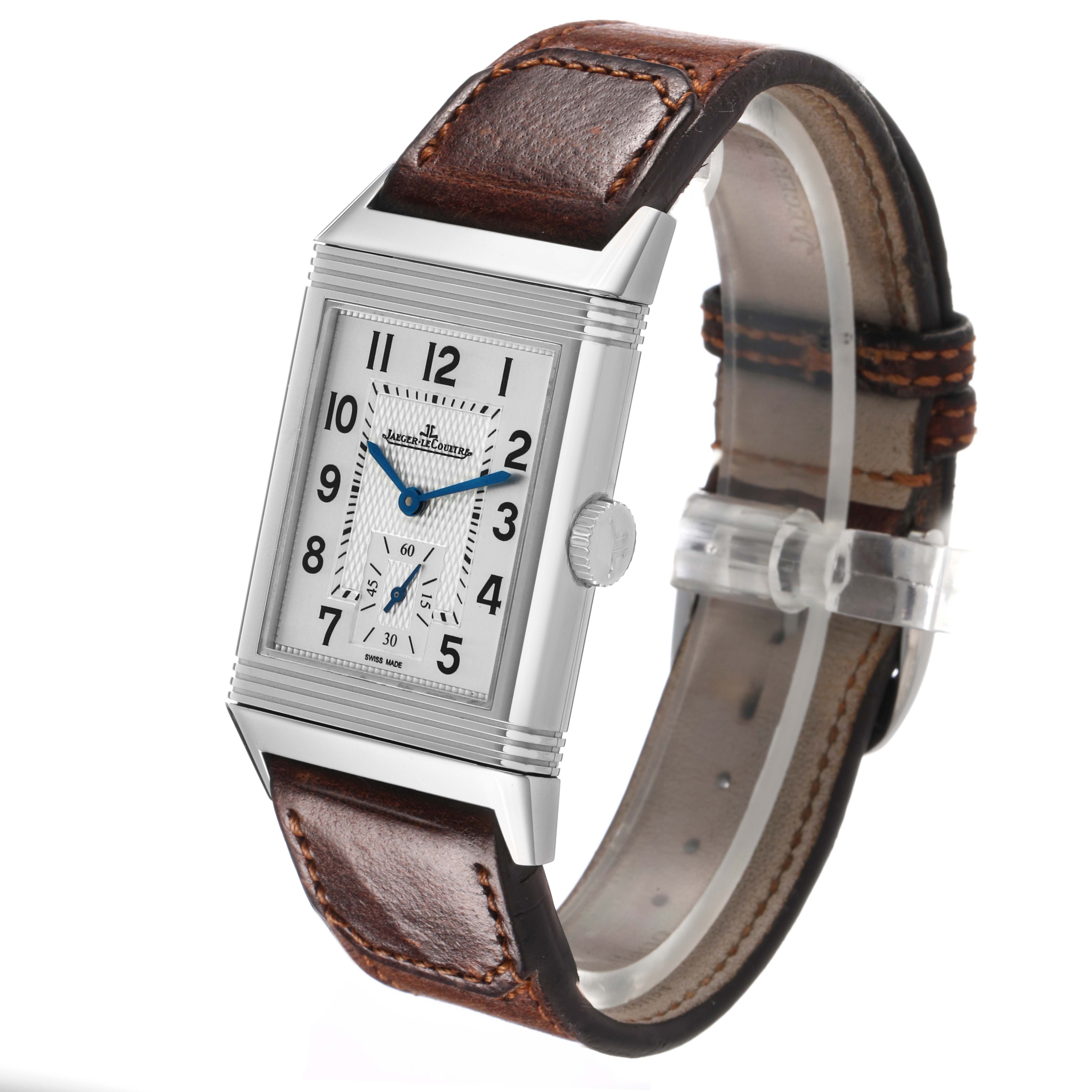 The image shows a Jaeger LeCoultre Reverso 214.8.62 / Q3858522 Men's Stainless Steel Silver Dial watch from a front-side angle, highlighting the face, case, and leather strap.