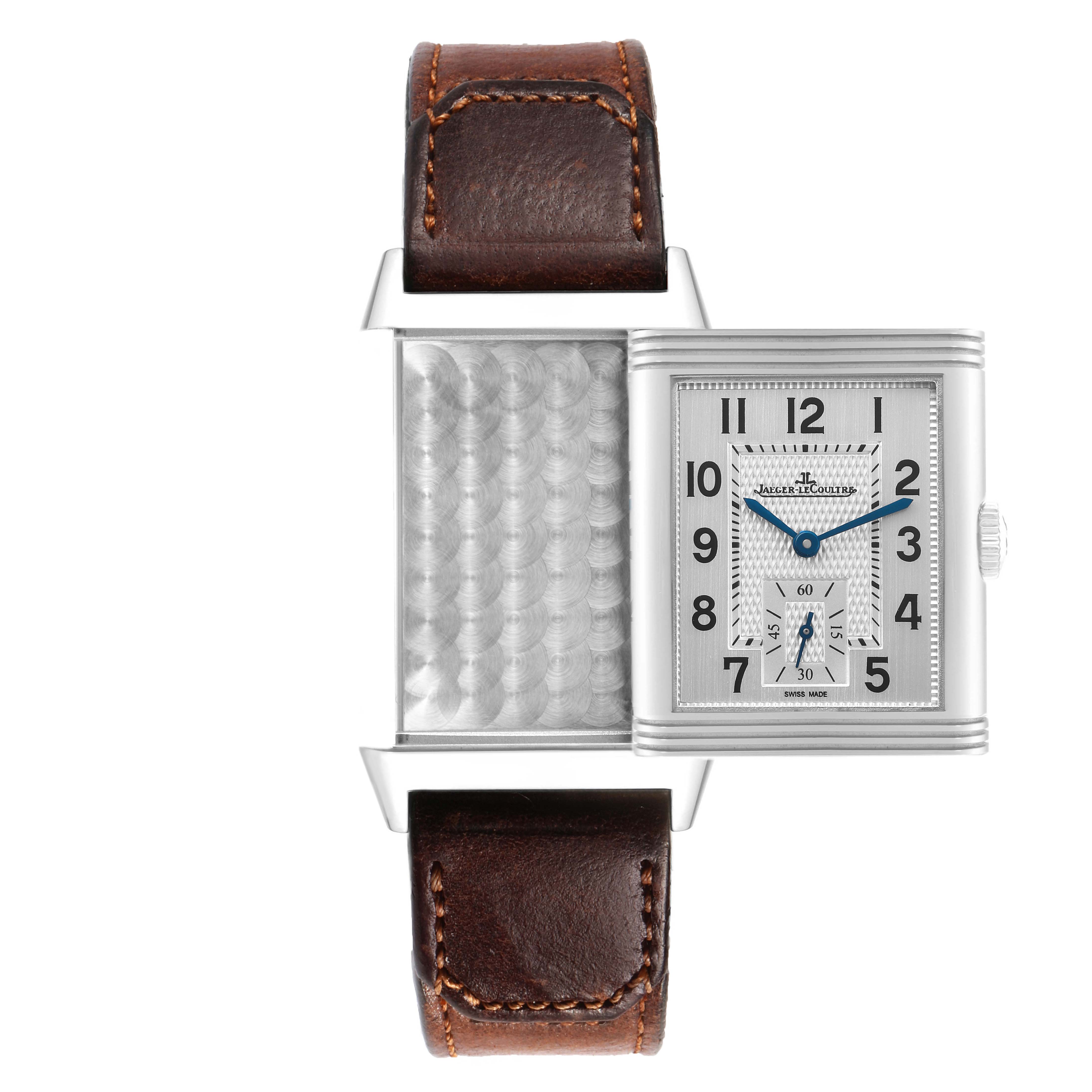 The Jaeger LeCoultre Reverso 214.8.62 / Q3858522 Men's Stainless Steel Silver Dial watch is shown at an angle highlighting its swiveling case, revealing both the dial and the metal back.