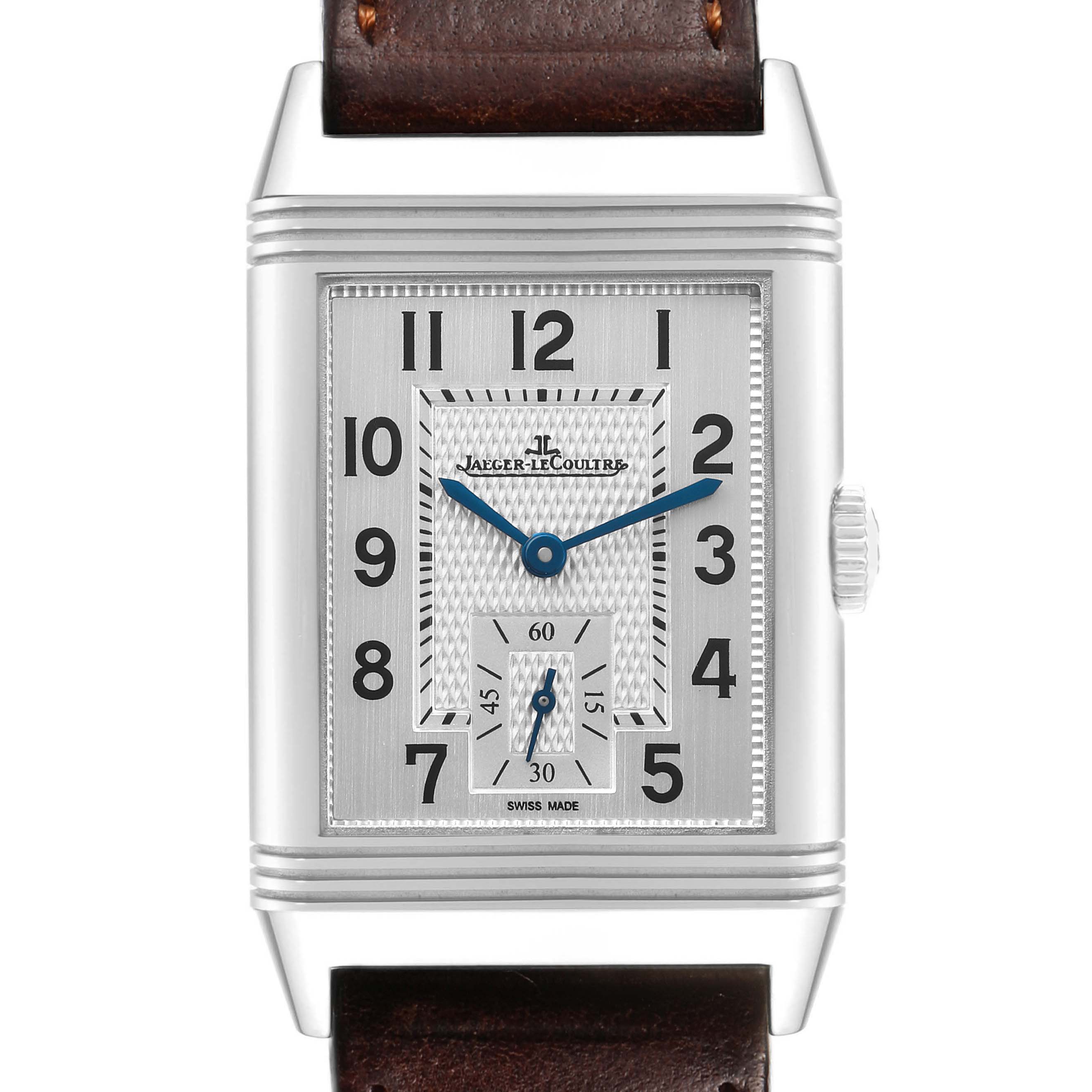The Jaeger-LeCoultre Reverso watch is shown from the front, highlighting its rectangular face, dial, hands, and crown.