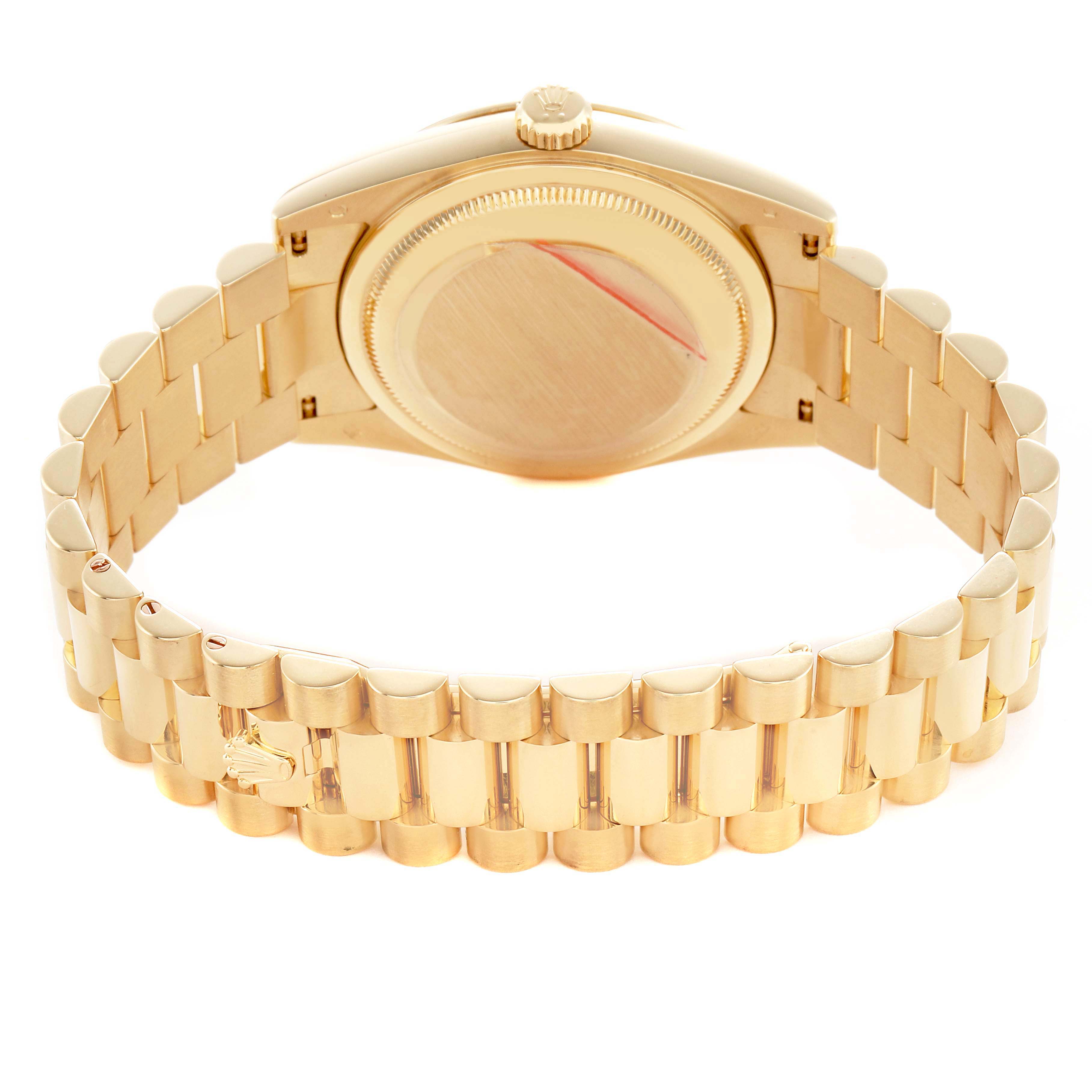 The image shows the back of a Rolex President 118238 Men's Yellow Gold Mother of Pearl Dial model, focusing on the case, case back, and bracelet.