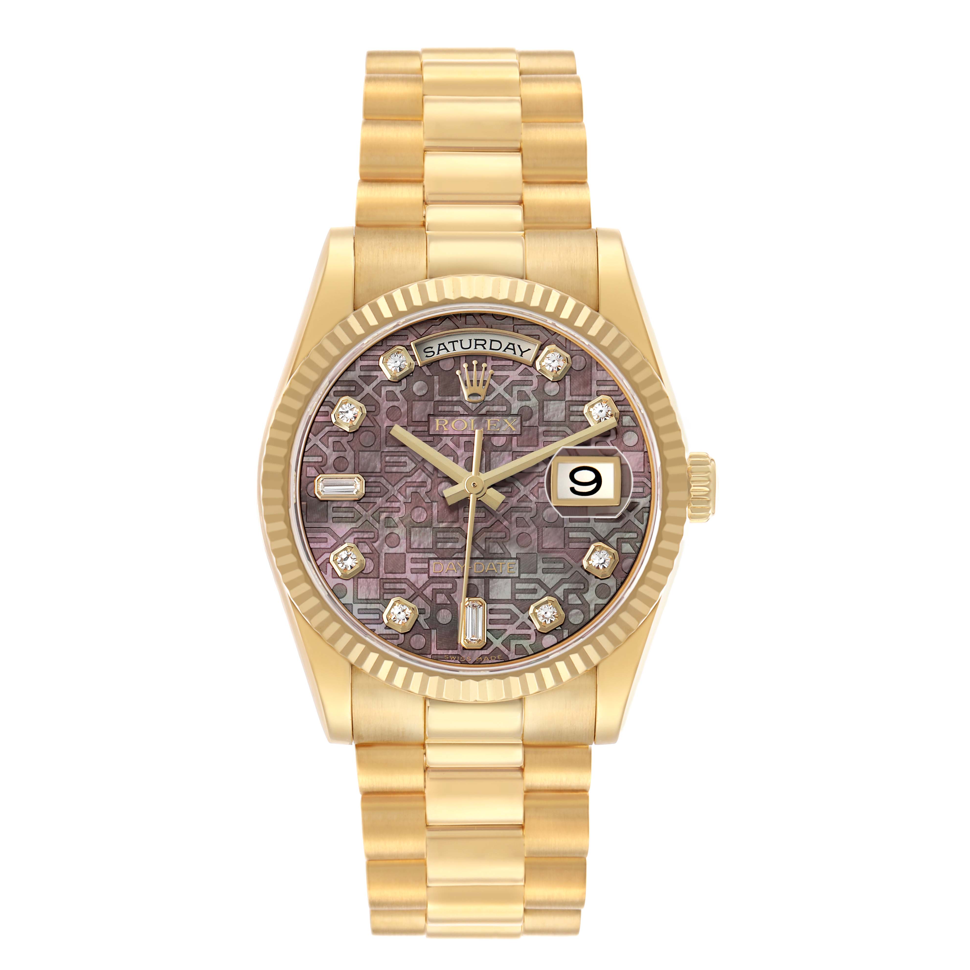 The Rolex President 118238 Men's Yellow Gold Mother of Pearl Dial watch is shown from the front, highlighting its patterned dial, day-date windows, and gold bracelet.