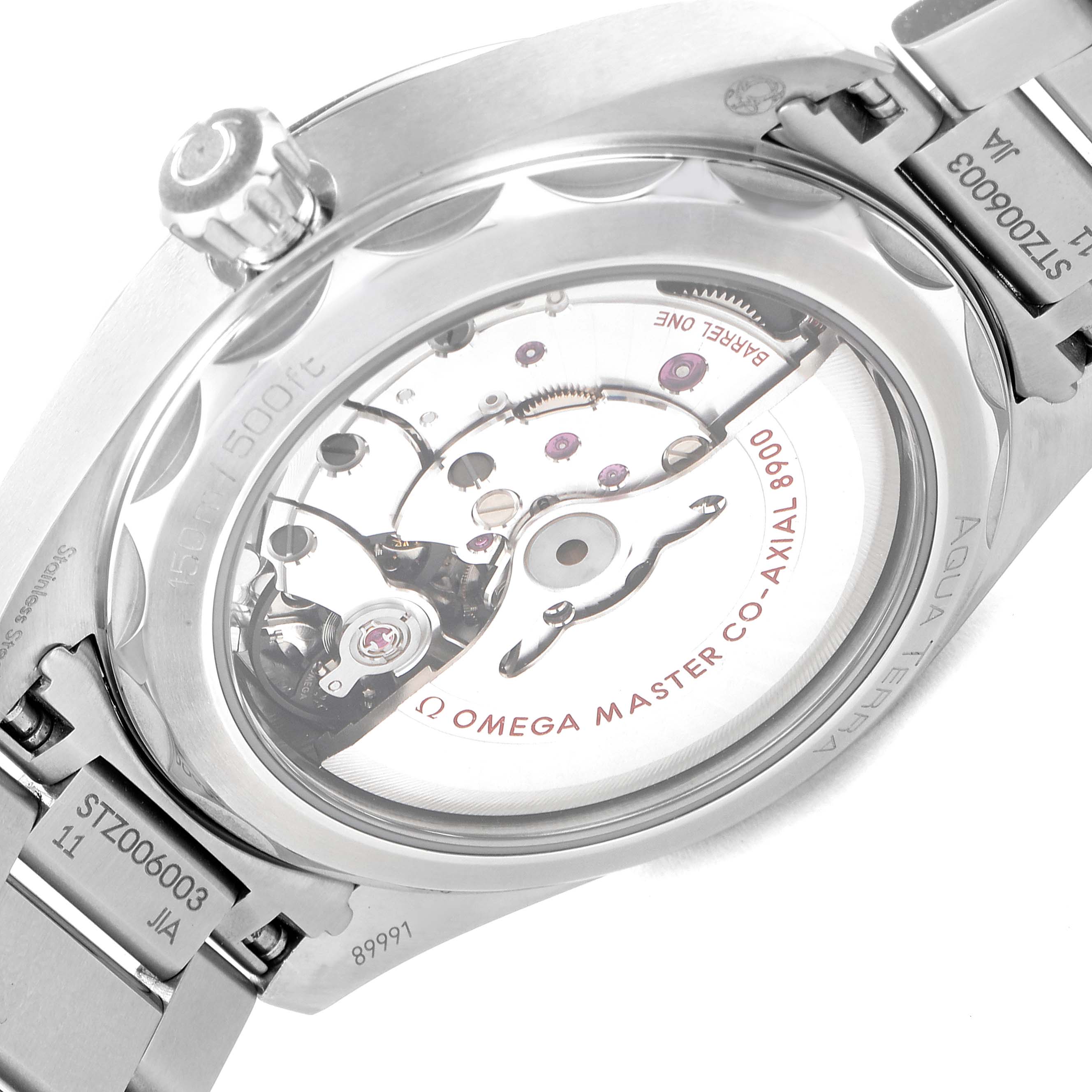 The image shows the back of the Omega Aqua Terra 220.10.41.21.03.004 Men
s Stainless Steel Blue Dial 220.10.41.21.03.004 Men
s Stainless Steel Blue Dial watch, highlighting the visible mechanical movement and the case back inscriptions.