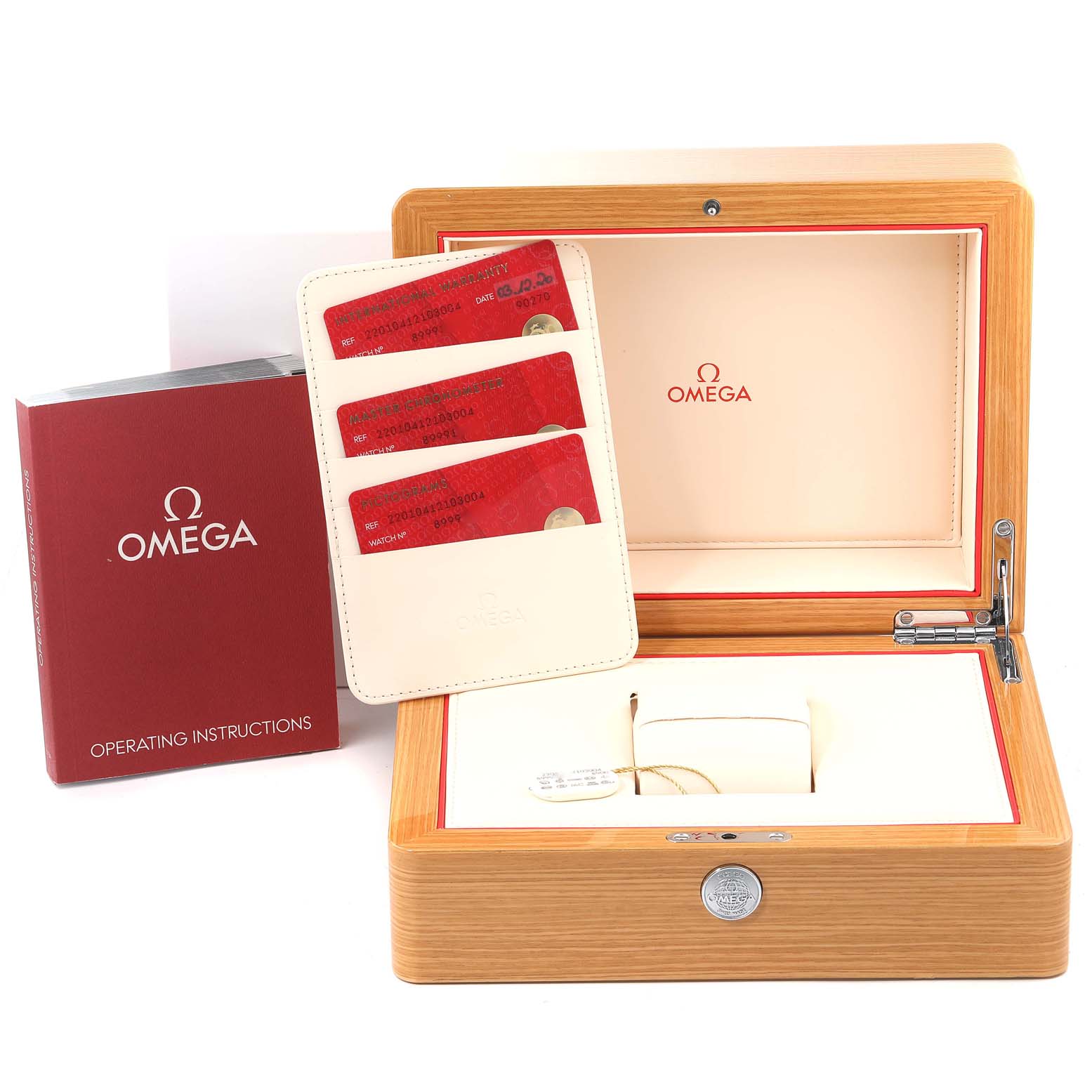 The image shows the open box of an Omega Aqua Terra 220.10.41.21.03.004 Men
s Stainless Steel Blue Dial 220.10.41.21.03.004 Men
s Stainless Steel Blue Dial watch, along with the operating instructions and warranty cards.