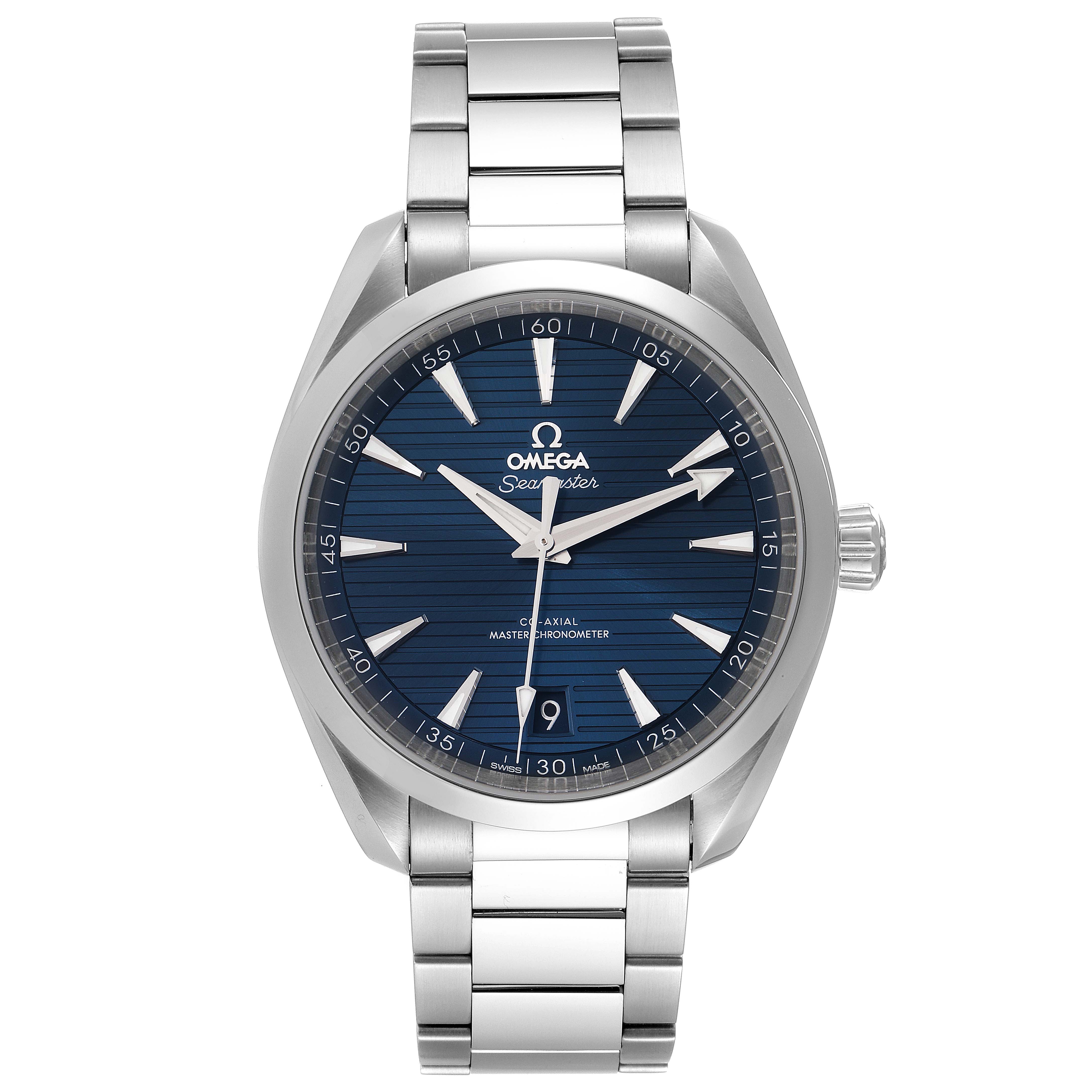 The image shows a front view of the Omega Aqua Terra 220.10.41.21.03.004 Men
s Stainless Steel Blue Dial 220.10.41.21.03.004 Men
s Stainless Steel Blue Dial watch, highlighting its blue dial, stainless steel case, and bracelet.