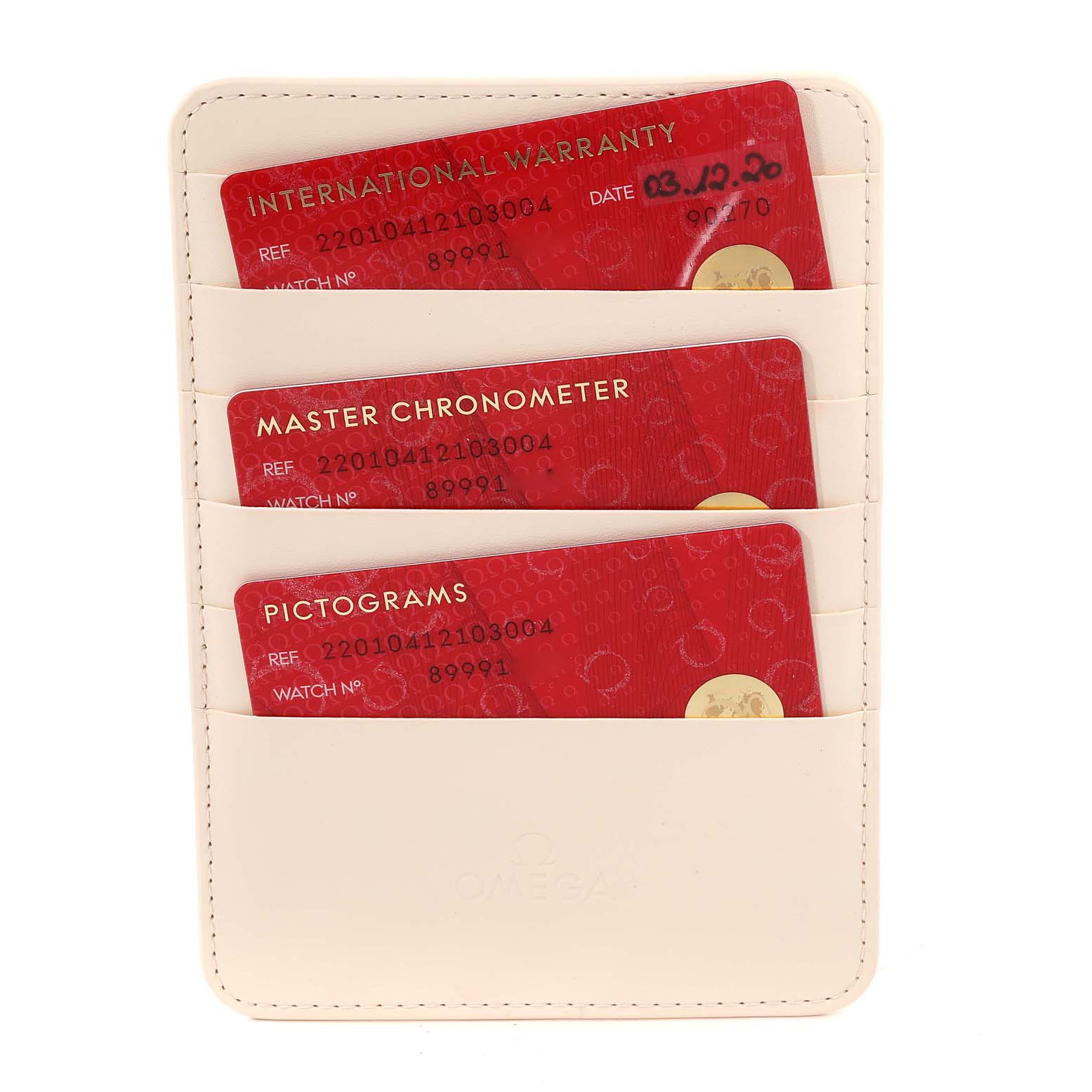 The image shows three red cards with warranty, chronometer, and pictogram details for an Omega Aqua Terra 220.10.41.21.03.004 Men
s Stainless Steel Blue Dial 220.10.41.21.03.004 Men
s Stainless Steel Blue Dial in a beige card holder.