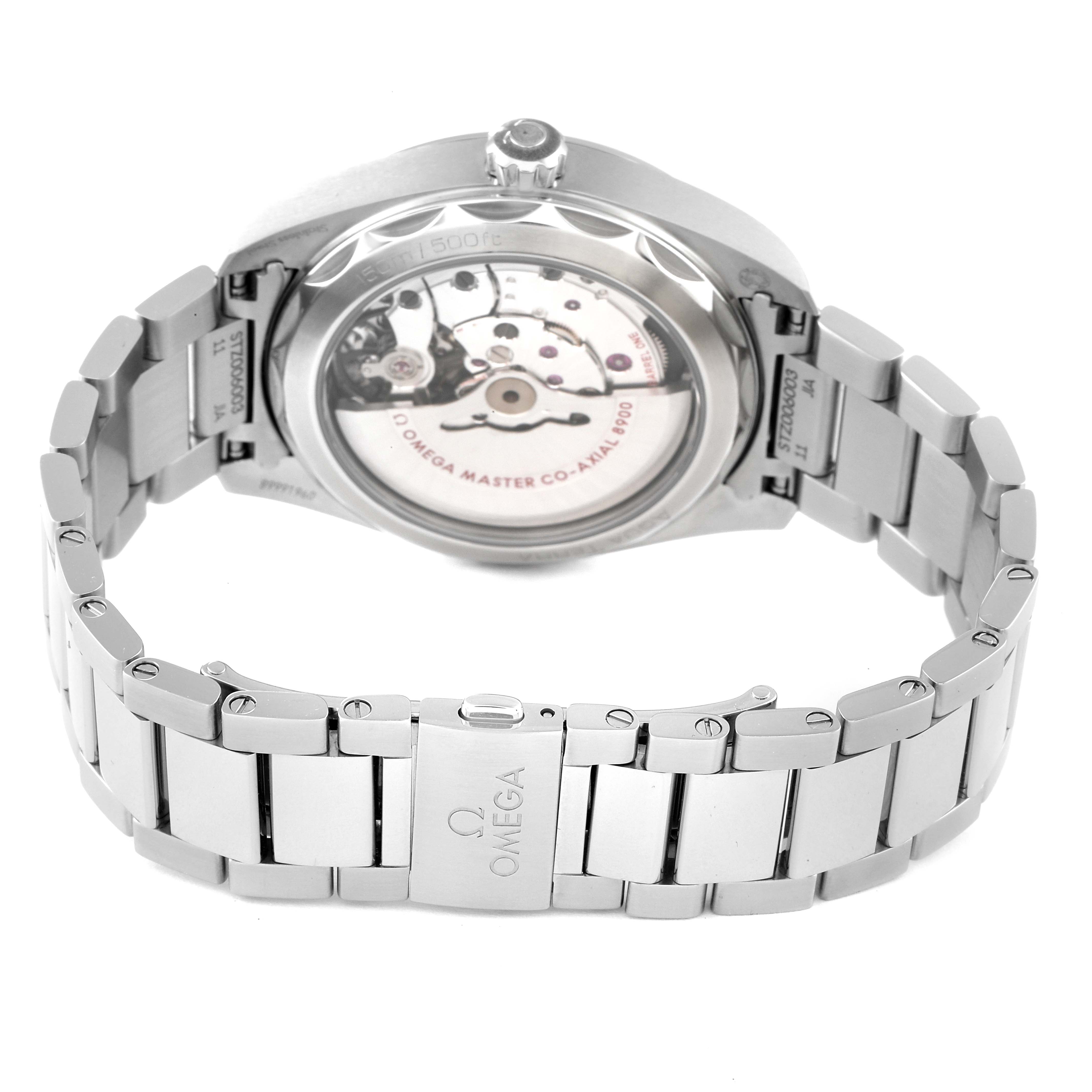 The image shows the back case and bracelet of the Omega Aqua Terra 220.10.41.21.03.004 Men
s Stainless Steel Blue Dial 220.10.41.21.03.004 Men
s Stainless Steel Blue Dial watch, highlighting the visible movement through the transparent case back.