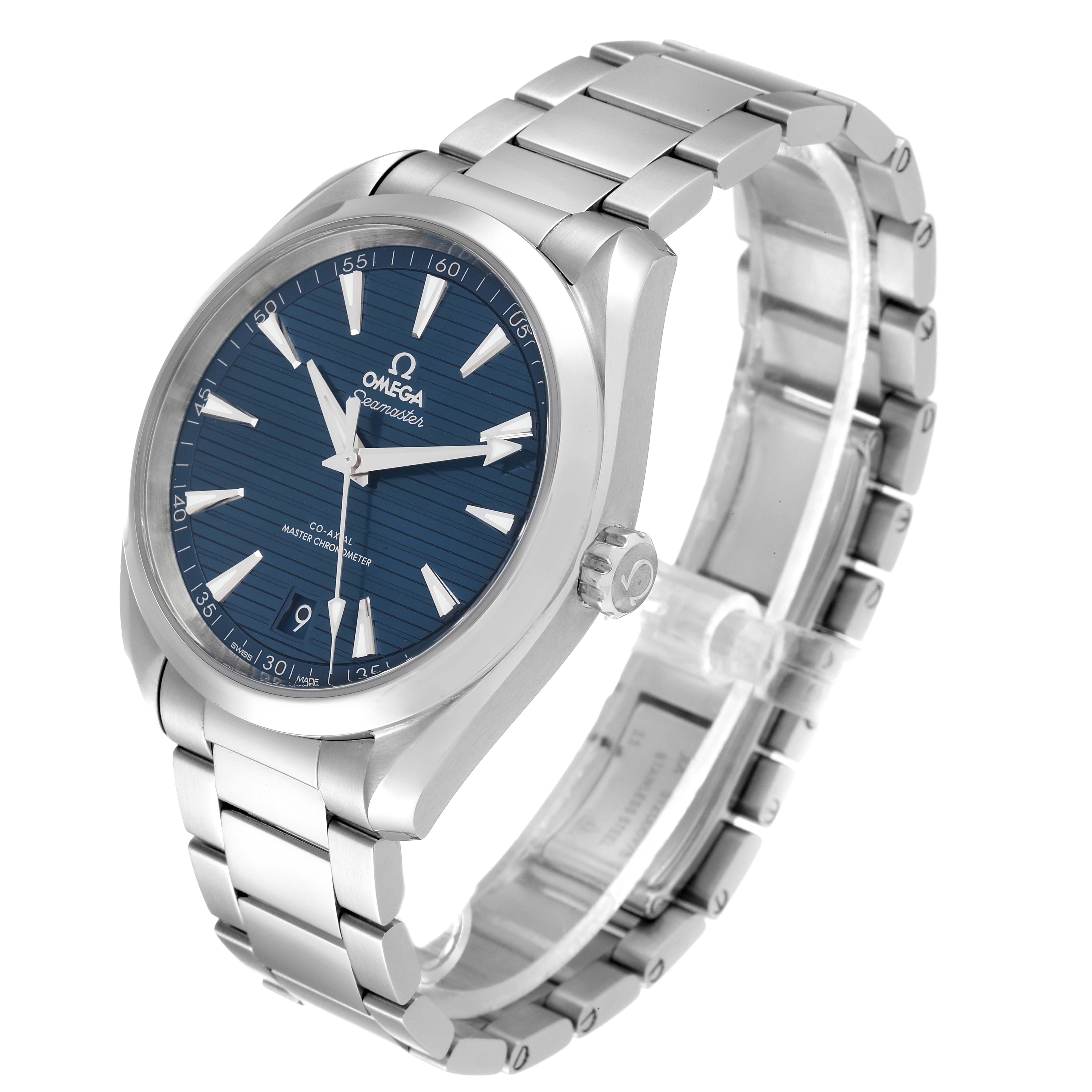 The image shows the Omega Aqua Terra 220.10.41.21.03.004 Men
s Stainless Steel Blue Dial 220.10.41.21.03.004 Men
s Stainless Steel Blue Dial watch at a slight side angle, highlighting the watch face, crown, and metal bracelet.