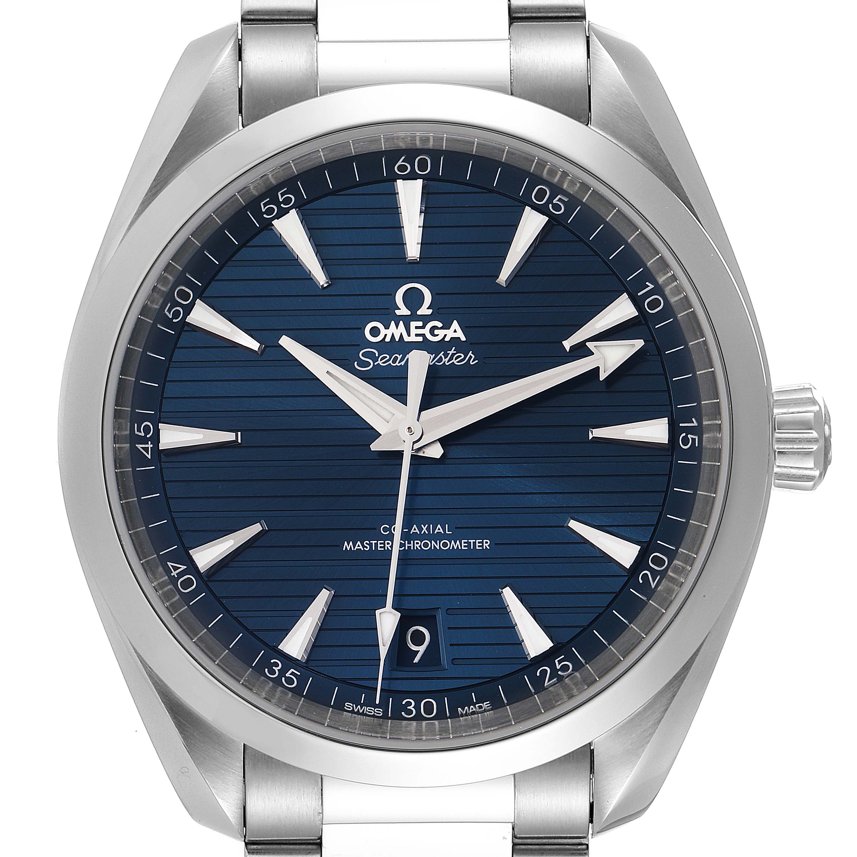 The image shows a front-facing view of the Omega Aqua Terra 220.10.41.21.03.004 Men
s Stainless Steel Blue Dial 220.10.41.21.03.004 Men
s Stainless Steel Blue Dial watch, highlighting its blue dial and stainless steel case.