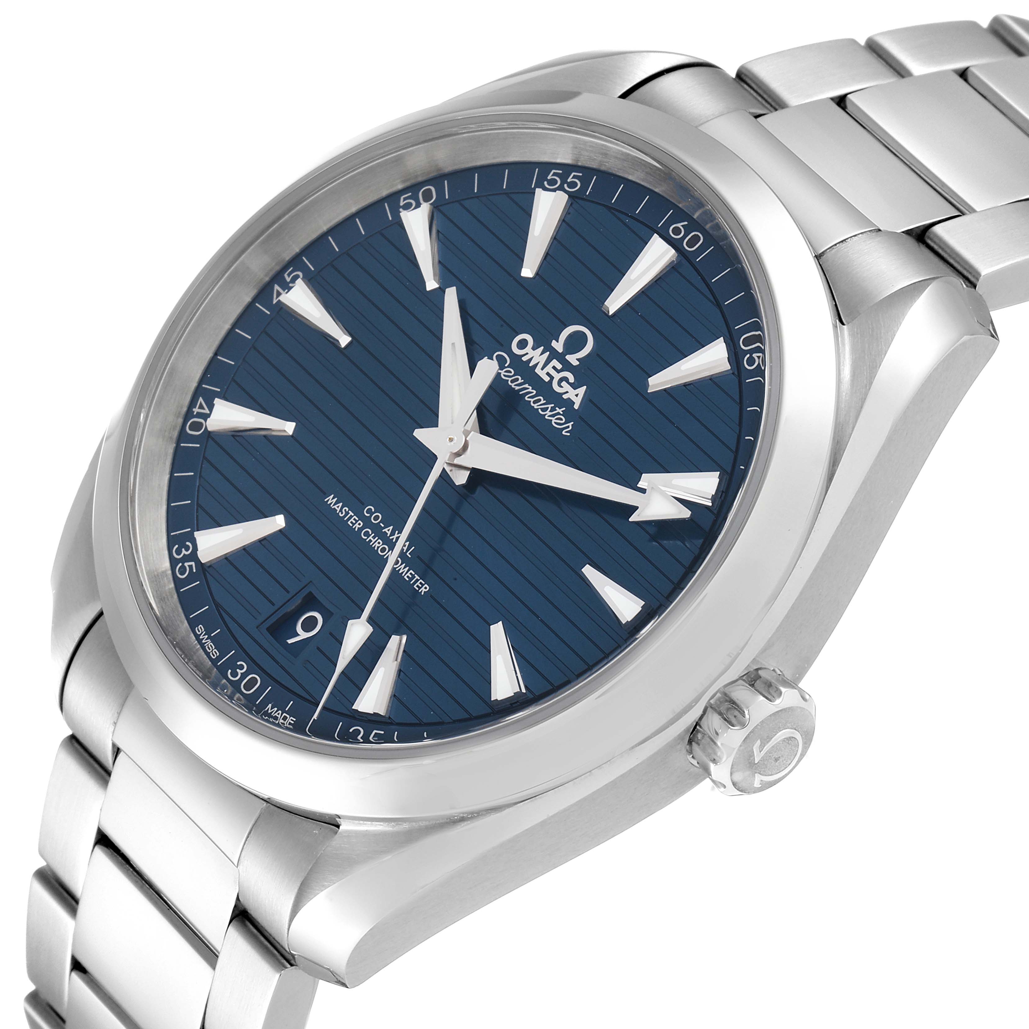 The image shows a tilted view of an Omega Aqua Terra 220.10.41.21.03.004 Men
s Stainless Steel Blue Dial 220.10.41.21.03.004 Men
s Stainless Steel Blue Dial watch, highlighting its face, dial, and metal bracelet.