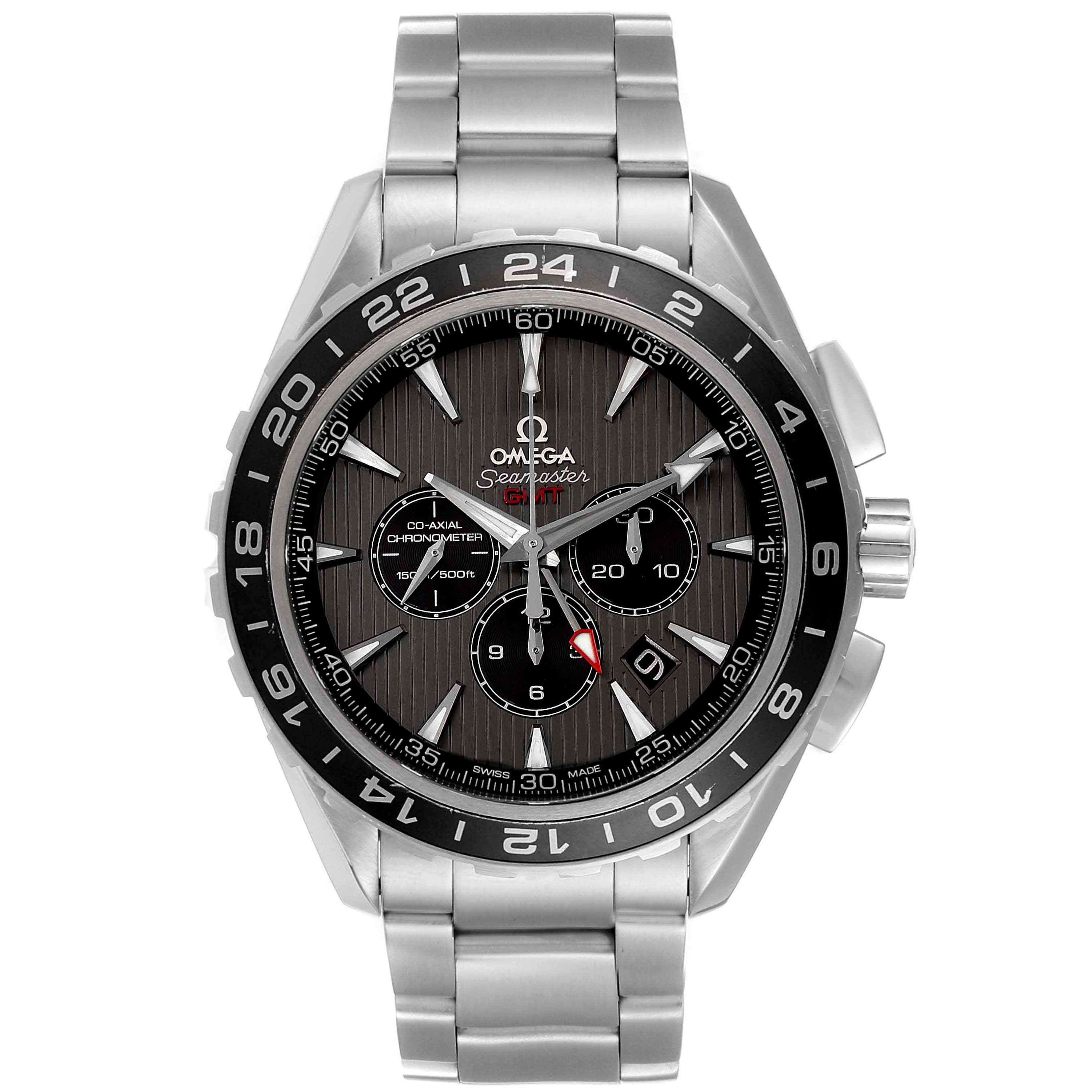 The image shows a front view of the Omega Aqua Terra 231.10.44.52.06.001 Men's Stainless Steel Grey Dial 231.10.44.52.06.001 Men's Stainless Steel Grey Dial watch, highlighting its dial, bezel, and stainless steel bracelet.