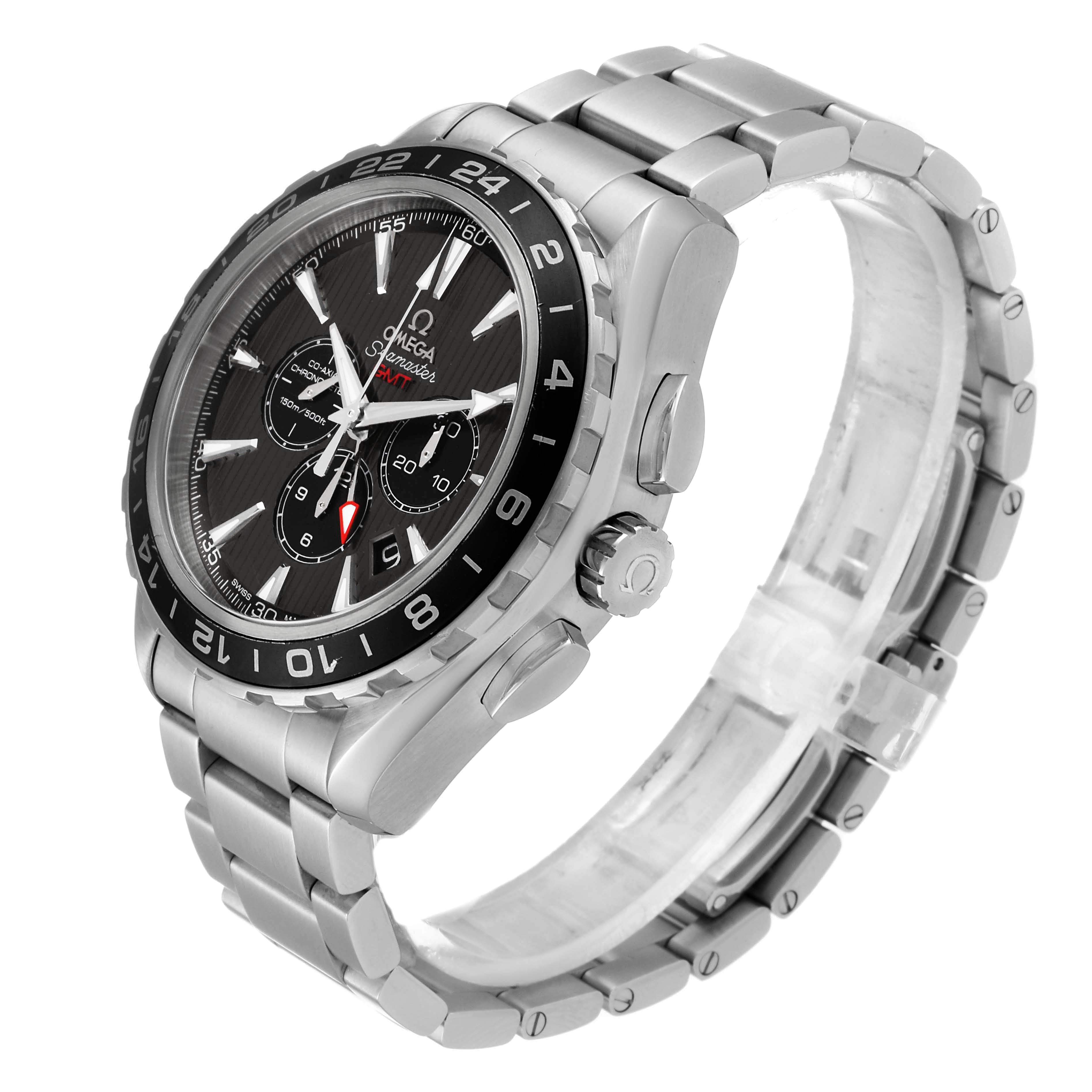 The image shows an Omega Aqua Terra 231.10.44.52.06.001 Men's Stainless Steel Grey Dial 231.10.44.52.06.001 Men's Stainless Steel Grey Dial model watch from a three-quarter angle, highlighting the face, bezel, bracelet, and crown.