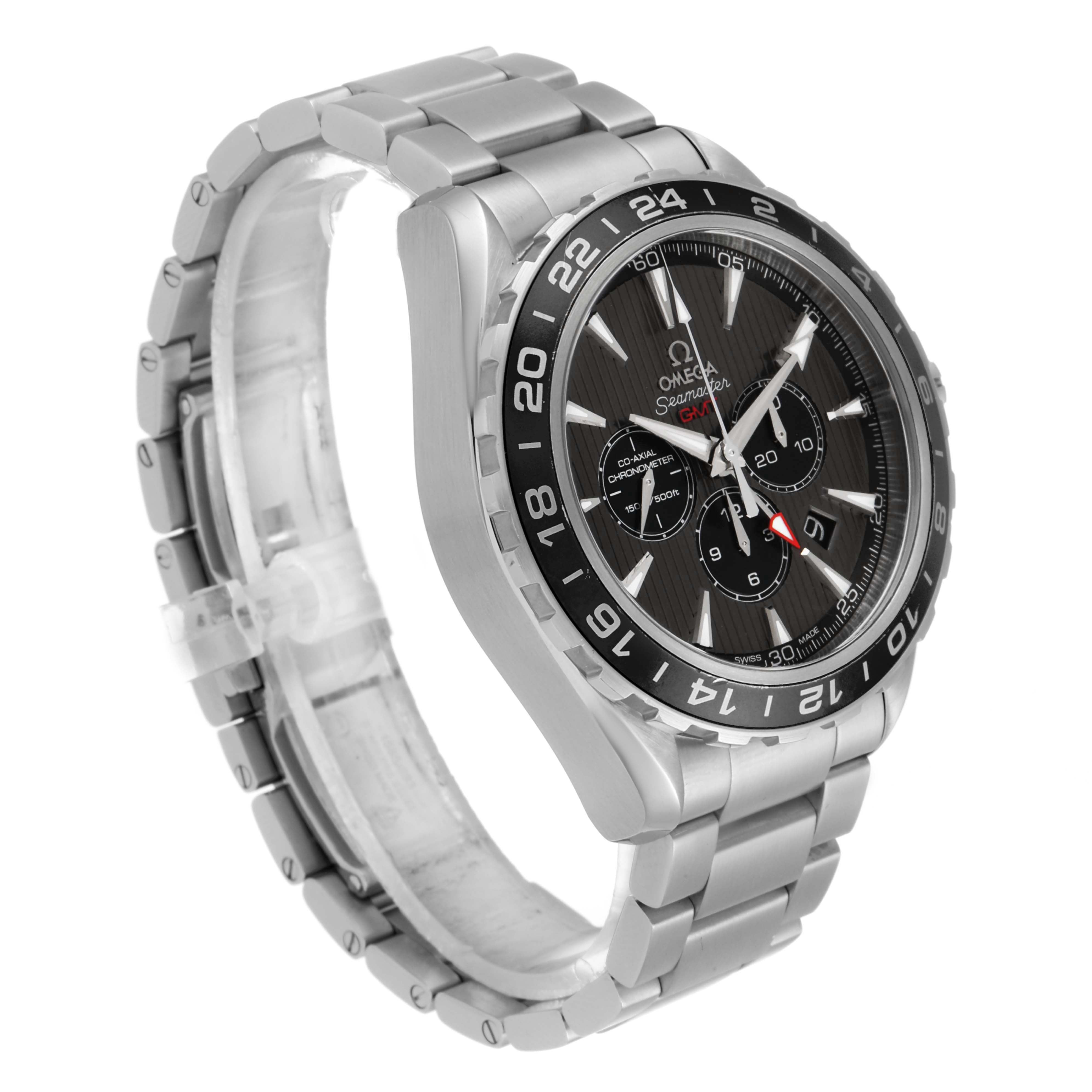 This image shows a side and angled view of an Omega Aqua Terra 231.10.44.52.06.001 Men's Stainless Steel Grey Dial 231.10.44.52.06.001 Men's Stainless Steel Grey Dial watch, highlighting its stainless steel bracelet and black dial.