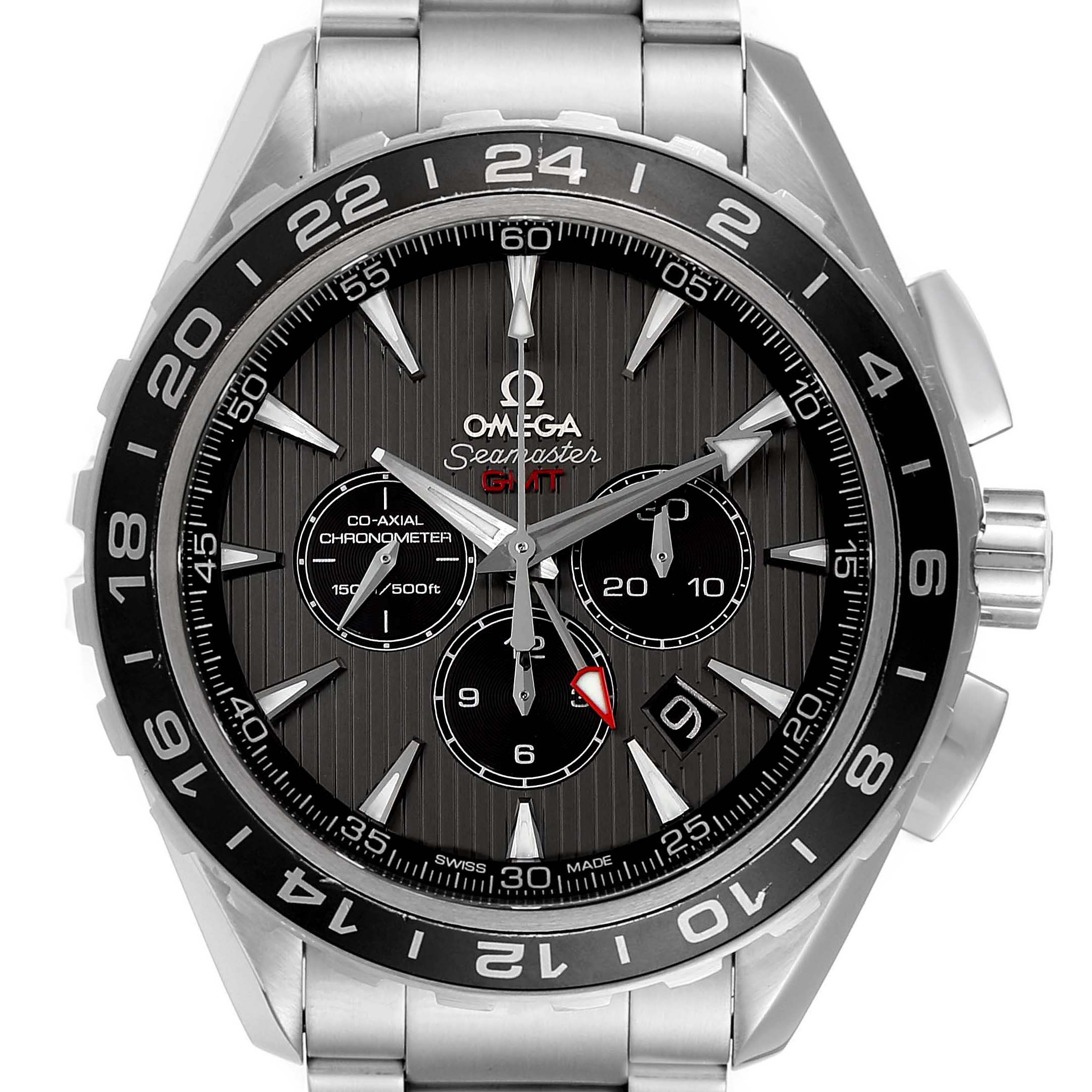 The image shows the front view of the Omega Aqua Terra 231.10.44.52.06.001 Men's Stainless Steel Grey Dial 231.10.44.52.06.001 Men's Stainless Steel Grey Dial Seamaster watch, highlighting its dial, bezel, and stainless steel bracelet.
