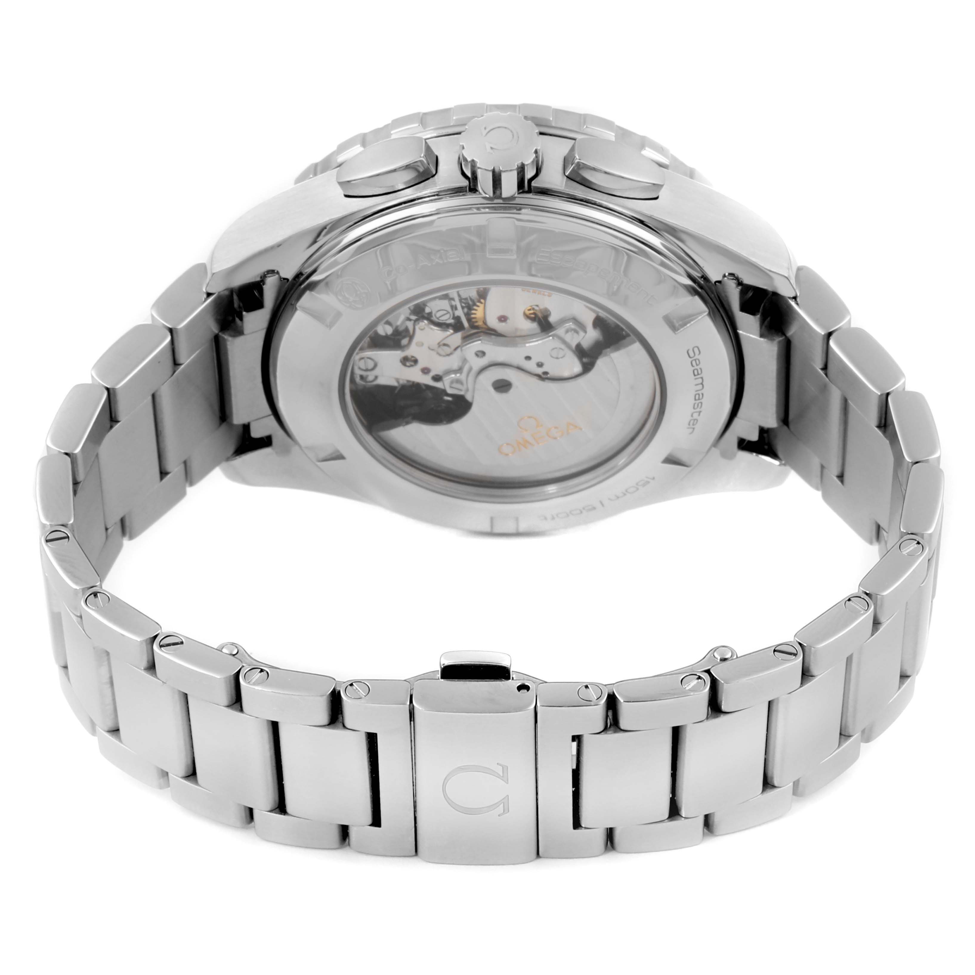 The image displays the back view of the Omega Aqua Terra 231.10.44.52.06.001 Men's Stainless Steel Grey Dial 231.10.44.52.06.001 Men's Stainless Steel Grey Dial watch, highlighting its open case back, bracelet, and clasp.