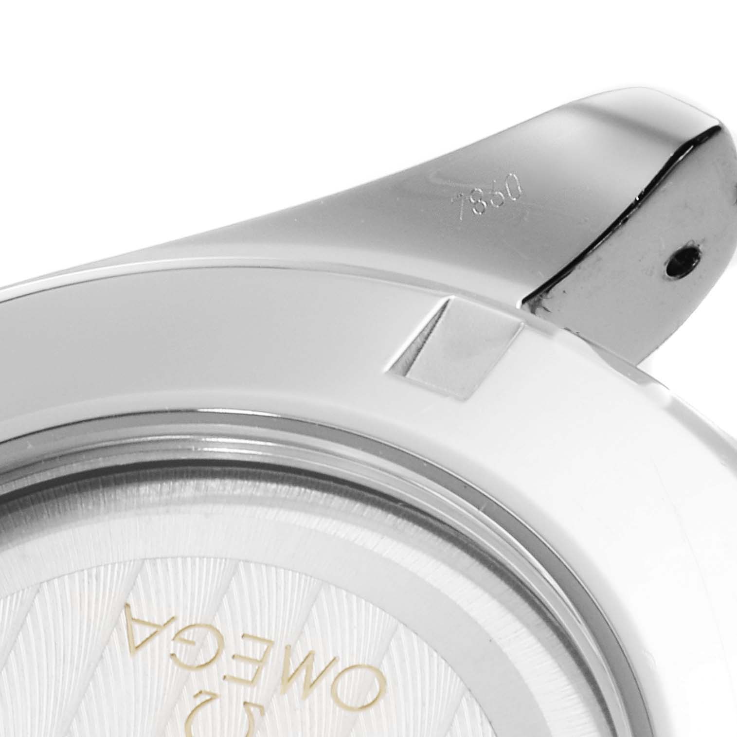 This image shows a close-up of the bezel, case, and part of the lug of an Omega Aqua Terra 231.10.44.52.06.001 Men's Stainless Steel Grey Dial 231.10.44.52.06.001 Men's Stainless Steel Grey Dial watch from an angled perspective.