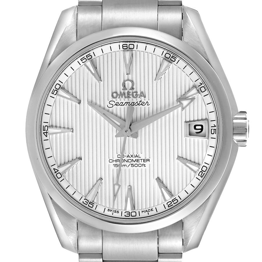 The Omega Aqua Terra watch is shown from a front angle, displaying the dial, bezel, and part of the bracelet.