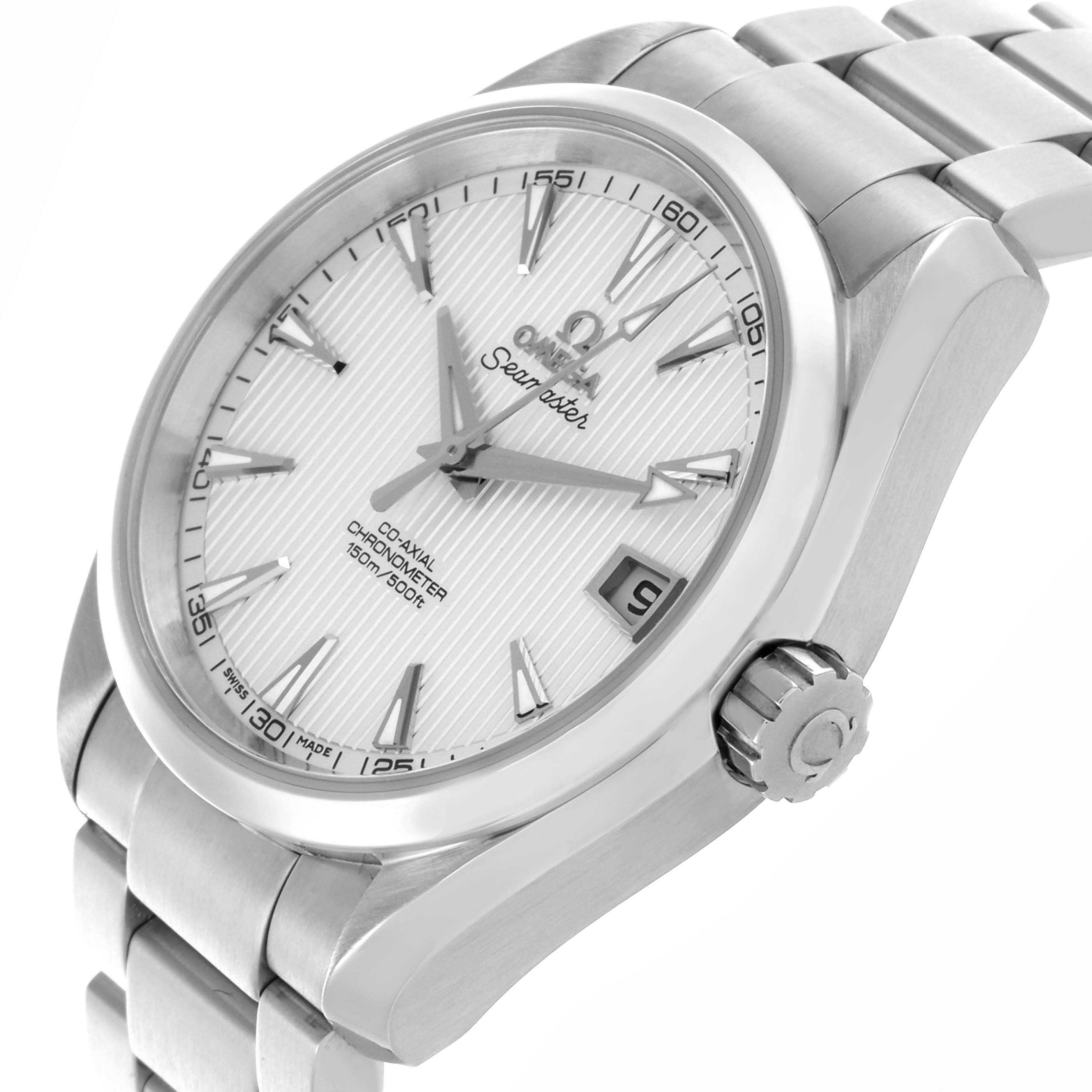 The Omega Aqua Terra 231.10.39.21.02.002 Men's Stainless Steel Silver Dial 231.10.39.21.02.002 Men's Stainless Steel Silver Dial watch is shown at a three-quarter angle, displaying the face, bezel, crown, and part of the bracelet.