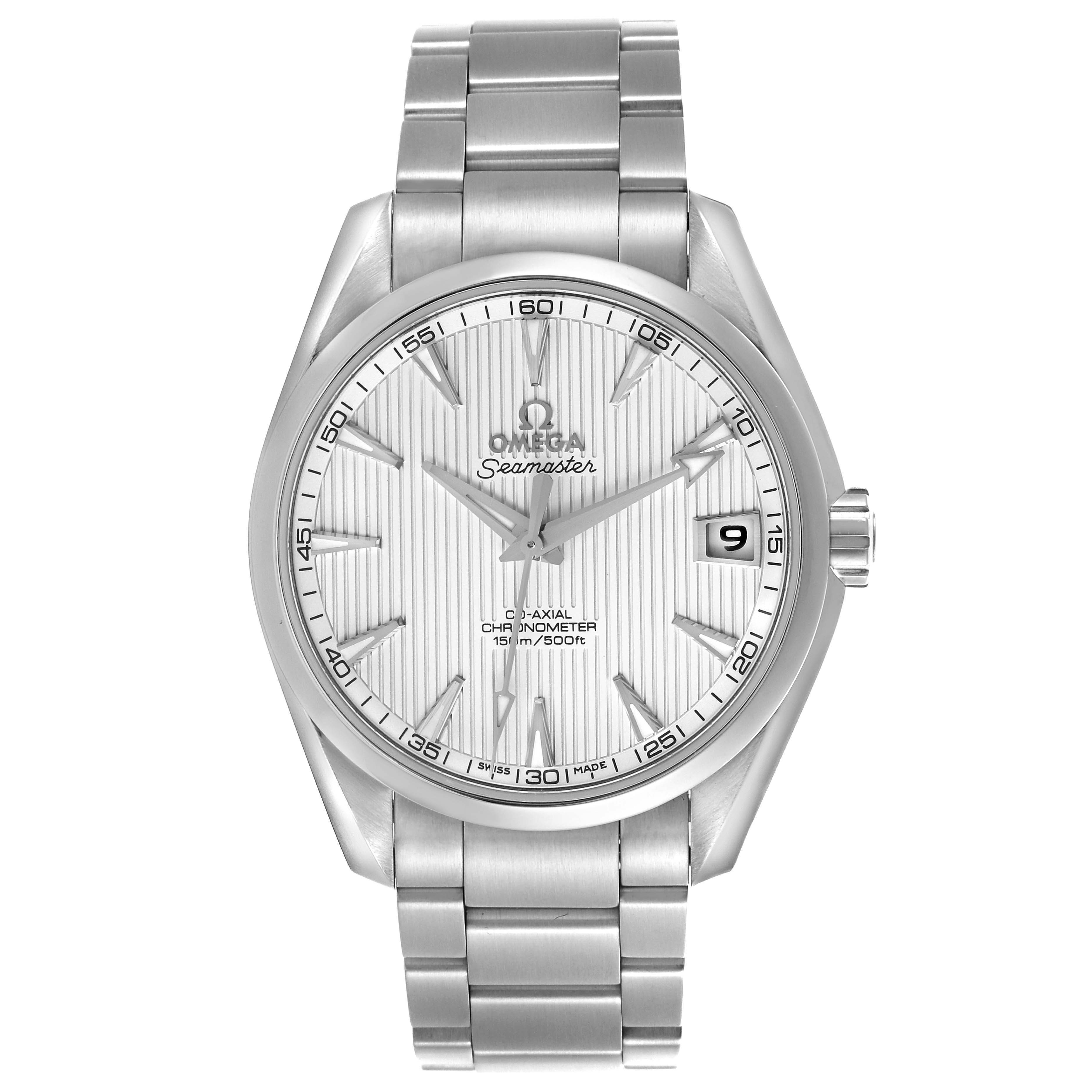 The Omega Aqua Terra 231.10.39.21.02.002 Men's Stainless Steel Silver Dial 231.10.39.21.02.002 Men's Stainless Steel Silver Dial watch is shown from a front angle, displaying its dial, bezel, crown, and bracelet.