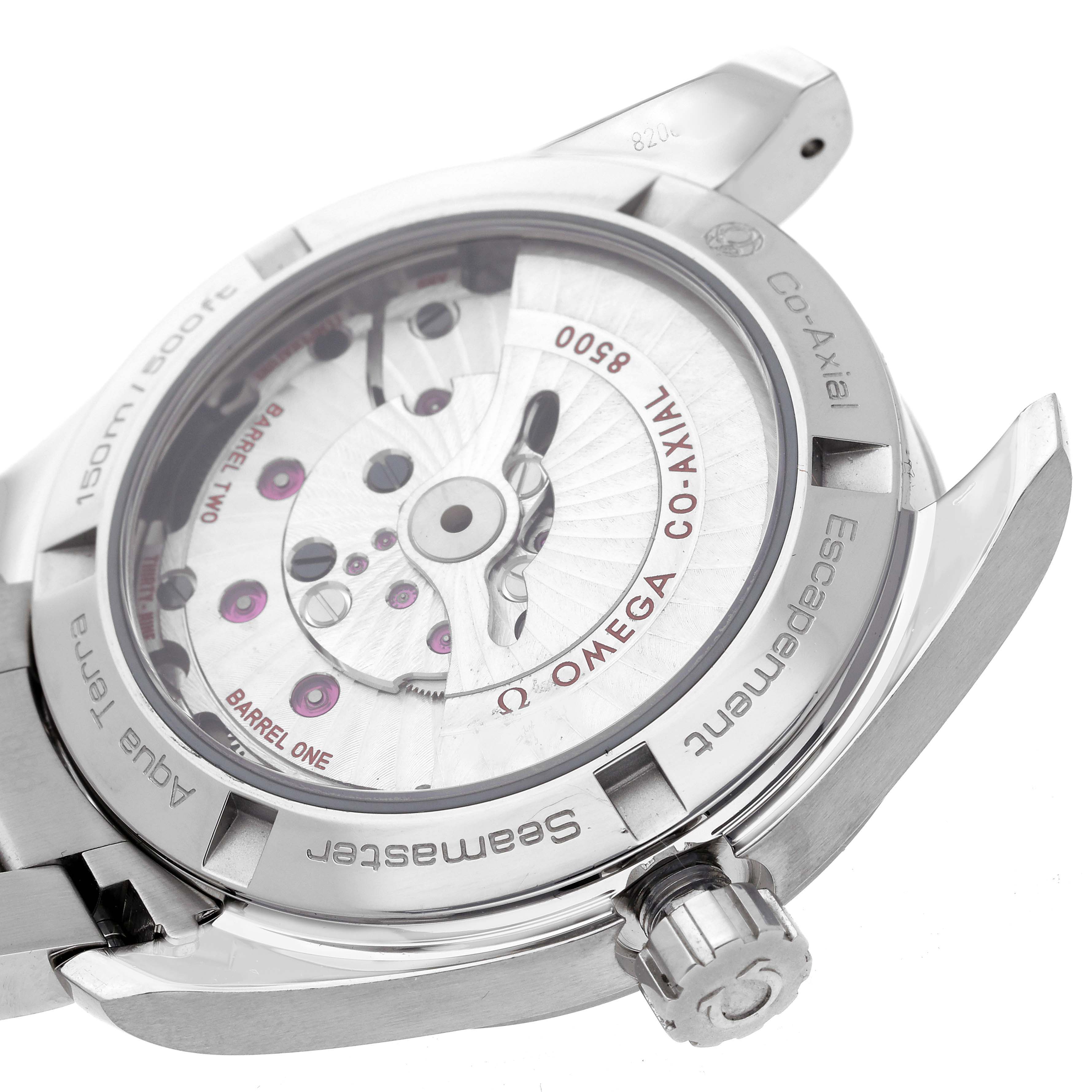 The image shows the back of the Omega Aqua Terra 231.10.39.21.02.002 Men's Stainless Steel Silver Dial 231.10.39.21.02.002 Men's Stainless Steel Silver Dial watch, highlighting the movement and rotor details.