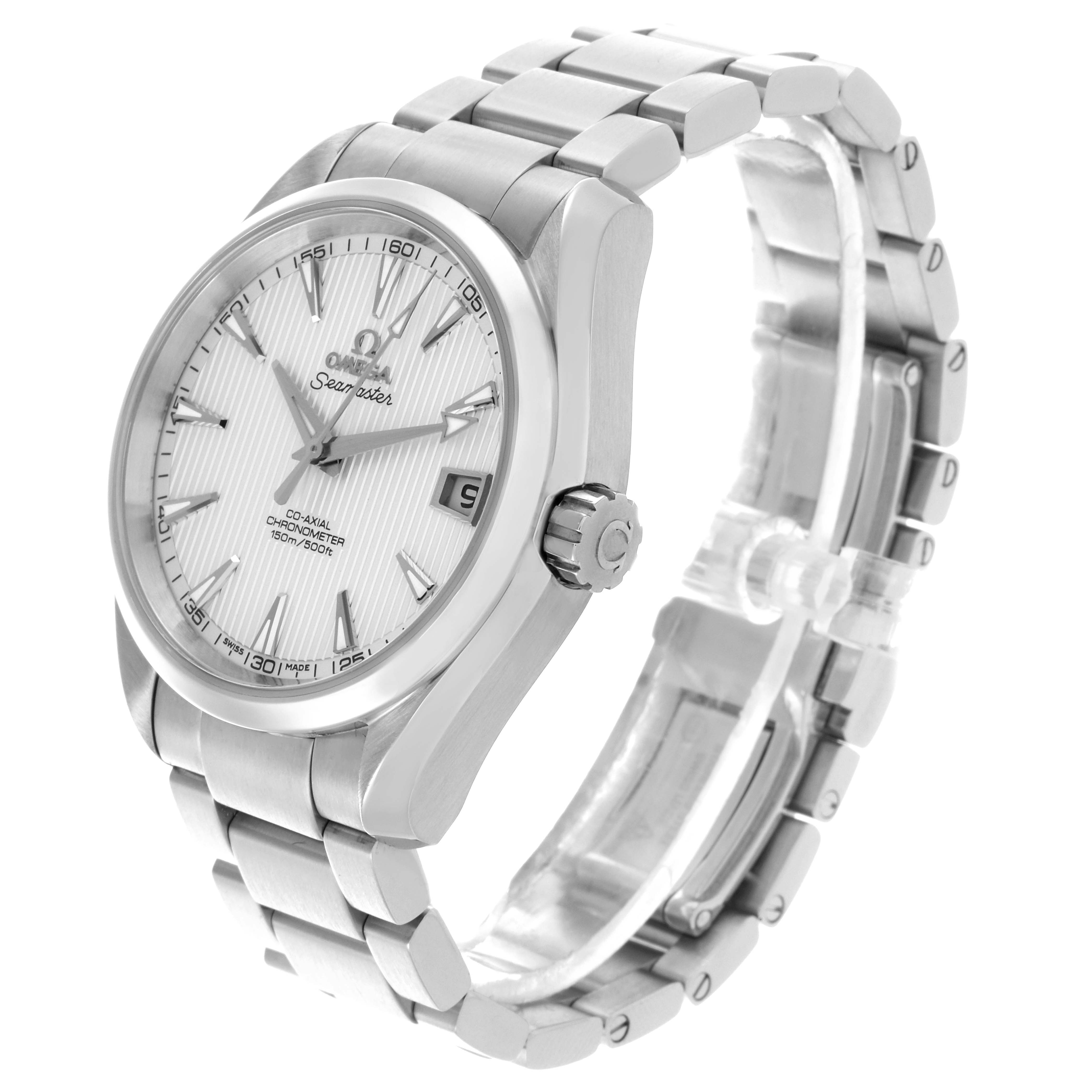 The Omega Aqua Terra 231.10.39.21.02.002 Men's Stainless Steel Silver Dial 231.10.39.21.02.002 Men's Stainless Steel Silver Dial watch is shown at a three-quarter angle, displaying its face, crown, and steel bracelet.